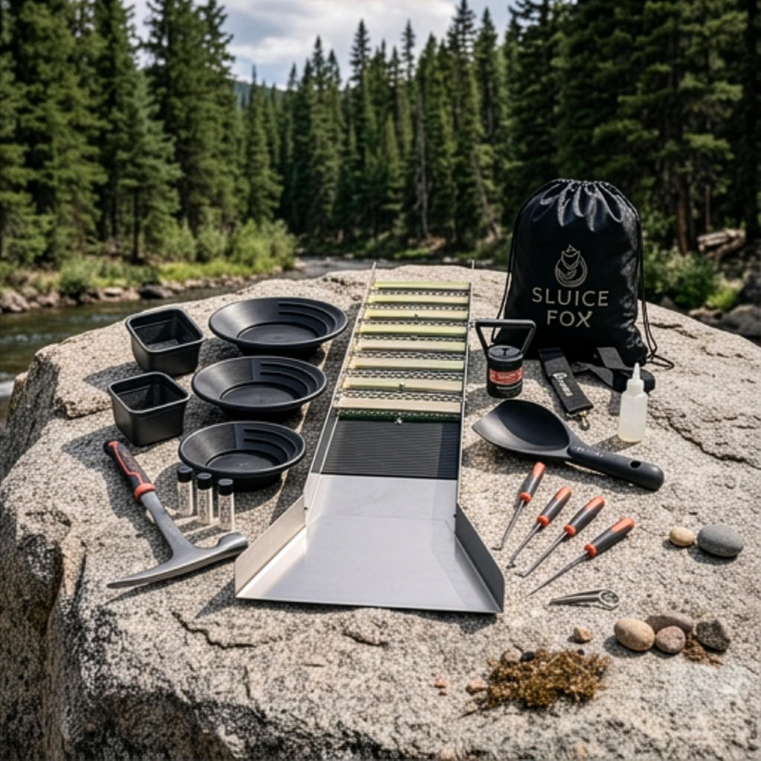 Complete Gold Mining Kit, Folding 50 inch River Sluice Box, Prospecting Equipment, Rock Pick Hammer, Gold Classifiers, Pay Dirt Scoop