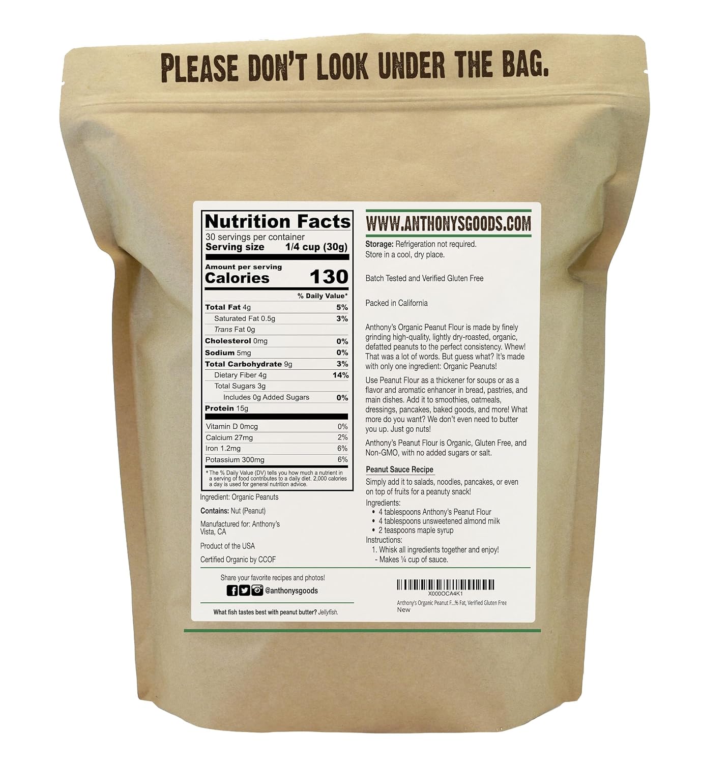 Anthony's Organic Peanut Flour, Defatted, 2 lb, Light Roast 12% Fat, Verified Gluten Free