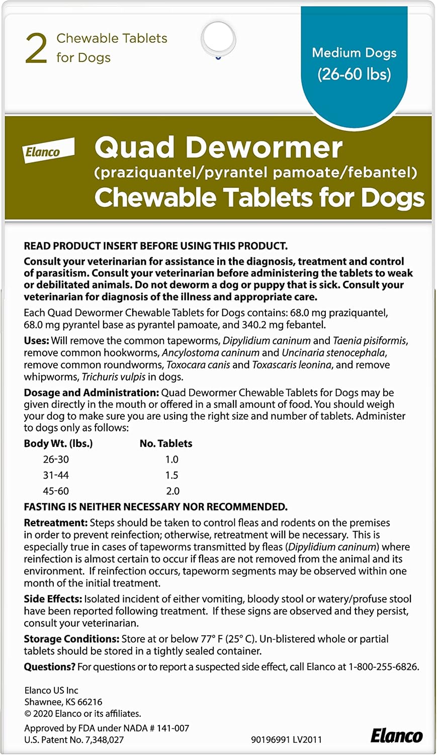 Elanco Chewable Quad Dewormer for Large Dogs, 45 lbs and over, 2 chewable tablets | For dogs 45 lb and over