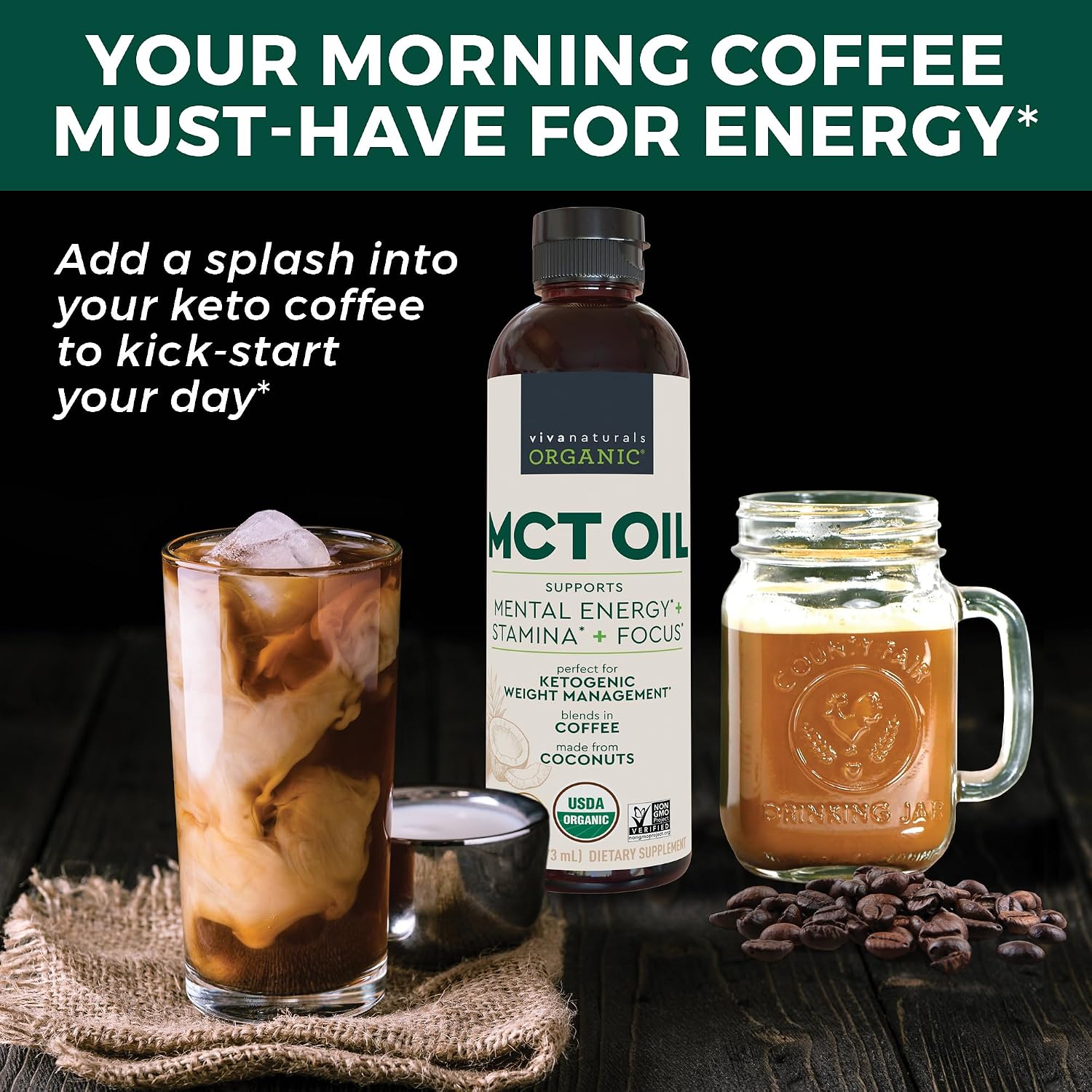 Viva Naturals Organic MCT Oil, 32 fl oz – MCT Oil for Coffee, USDA Organic, Non-GMO, Paleo Certified & Keto Friendly, Supports Energy & Mental Clarity