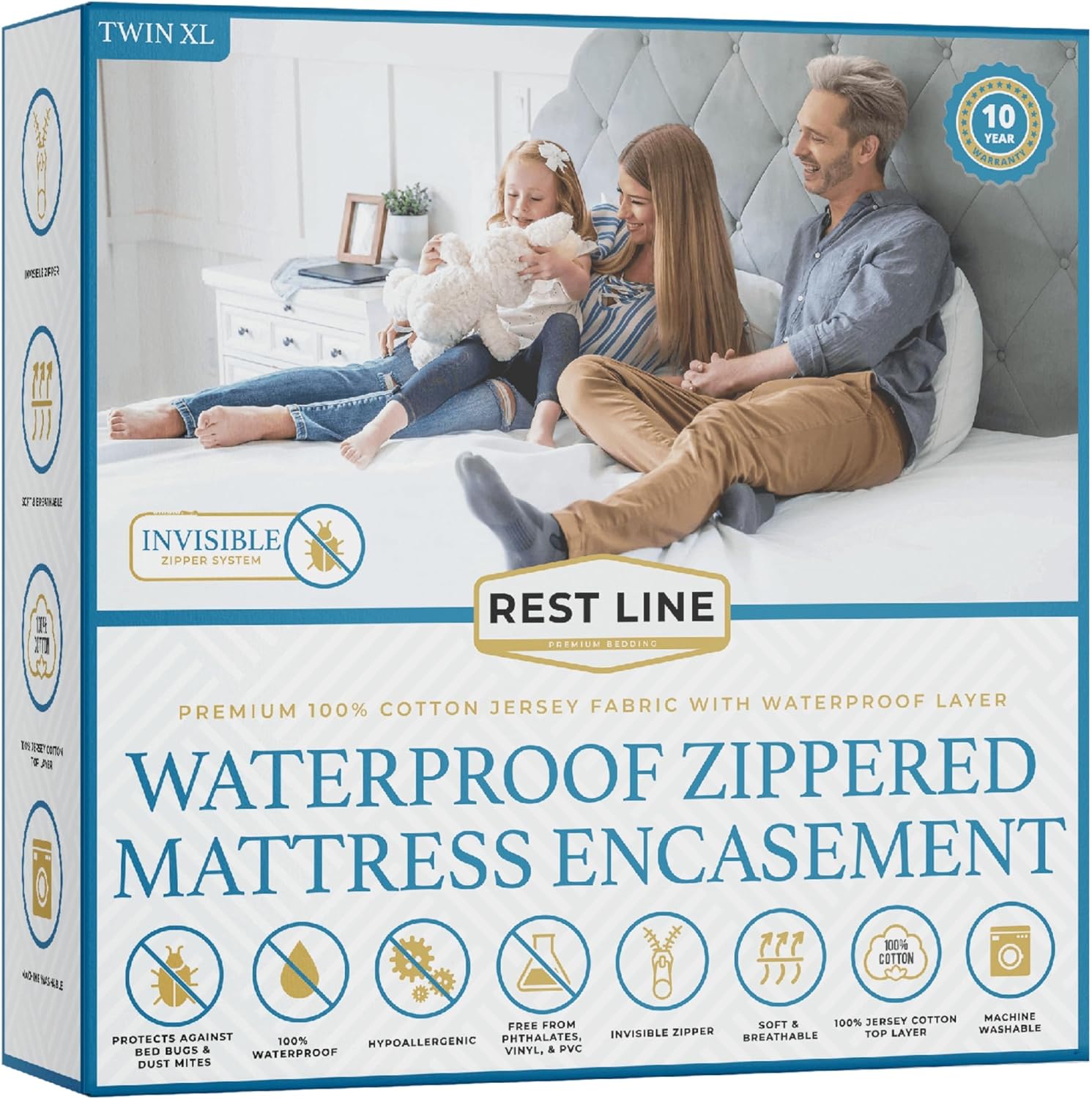 Rest Line - 100% Cotton Waterproof Zippered Mattress Encasement - Queen