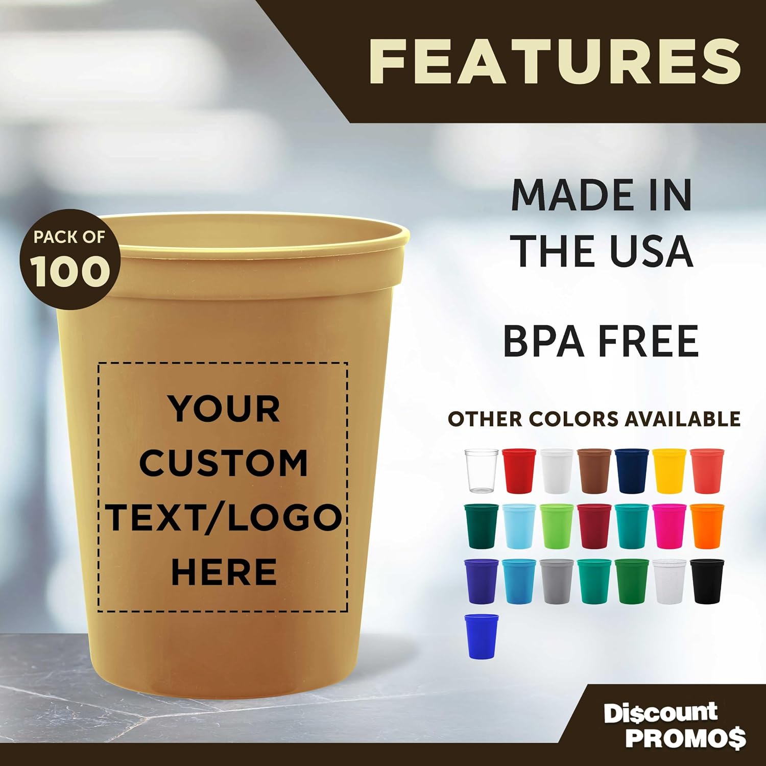 DISCOUNT PROMOS Custom Plastic Stadium Cups 16 oz. Set of 10/50/100, Personalized Bulk Pack - Perfect for Birthdays, Weddings, Picnic, Beach