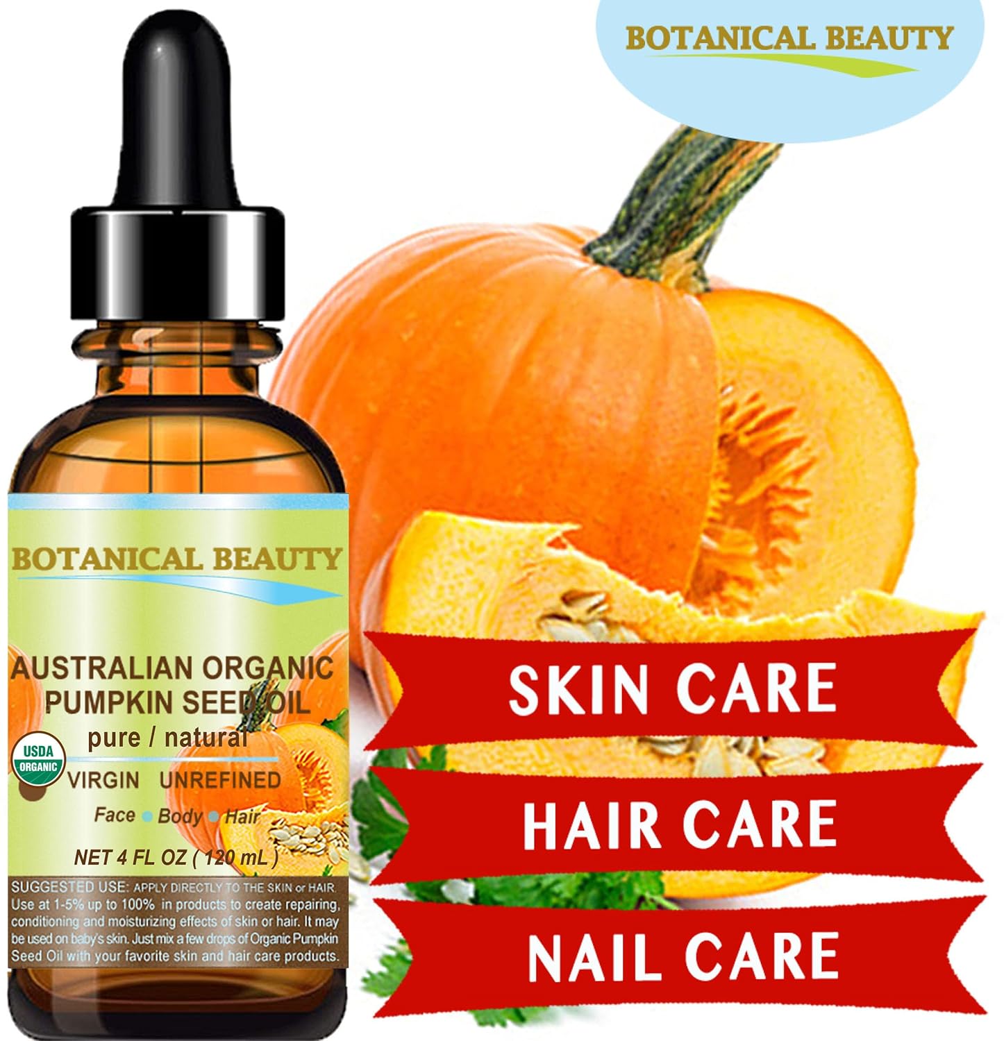 Botanical Beauty Australian ORGANIC PUMPKIN SEED OIL 100% Pure Natural Virgin Unrefined Cold Pressed Carrier Oil. 1 Fl.oz.- 30 ml. for Face, Skin, Hair, Lip, Nails