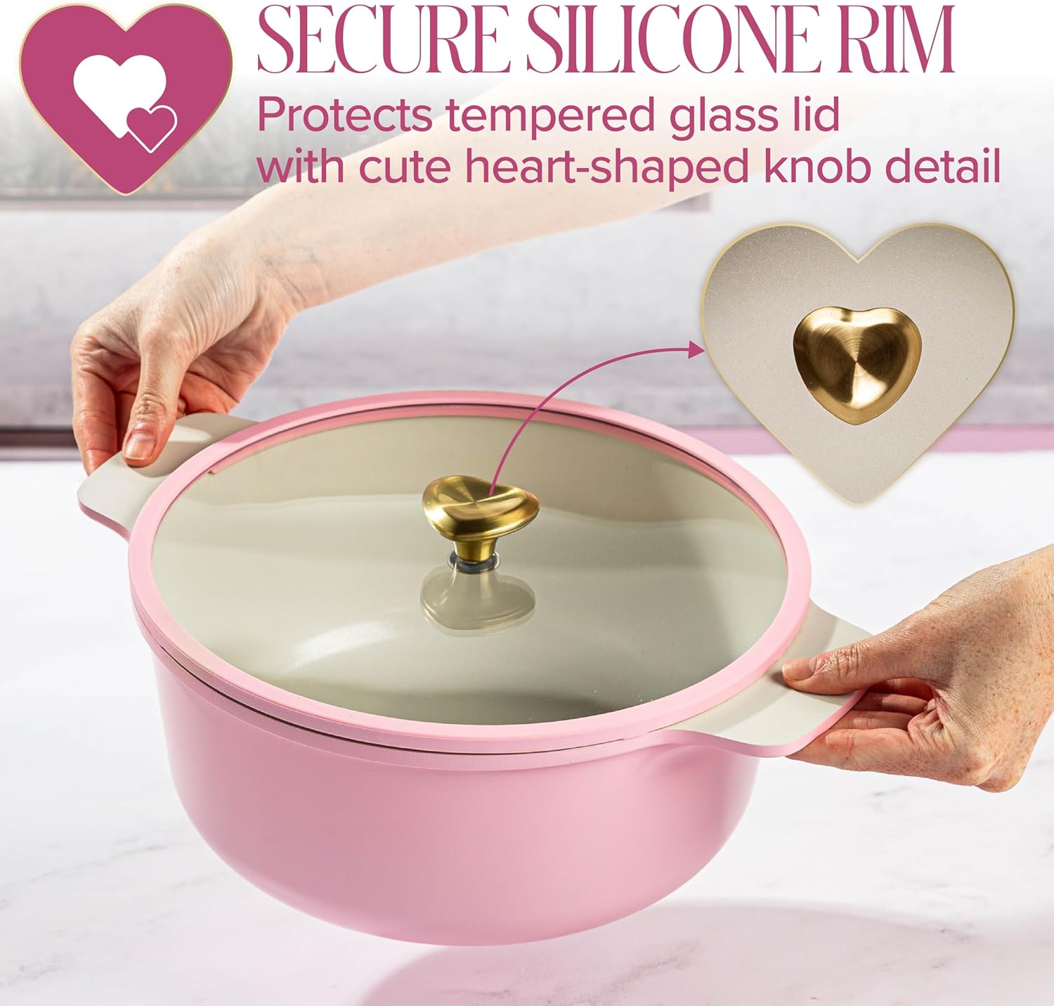 Paris Hilton Cast Aluminum Dutch Oven with Lid, Ceramic Nonstick Coating Made Without PFAS, PFOA, PFOS & PTFE, Heart Knob, 4.3-Quart, Pink