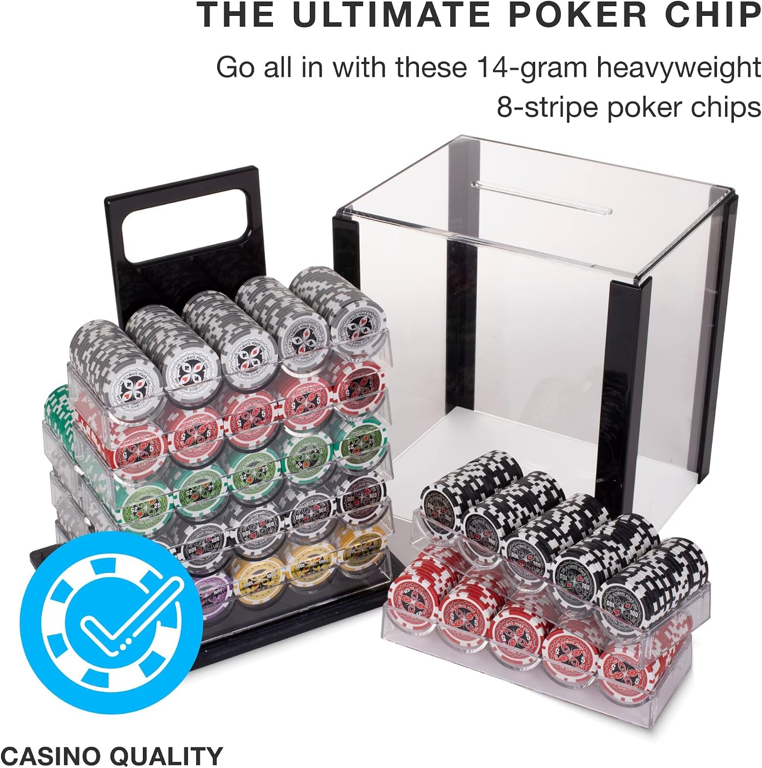 Brybelly Poker Chips 1000 Chips Set with Acrylic Case - Heavyweight 14g Poker Chips Set with 10 Removable Trays and 11" x 12" x 15" Portable Case