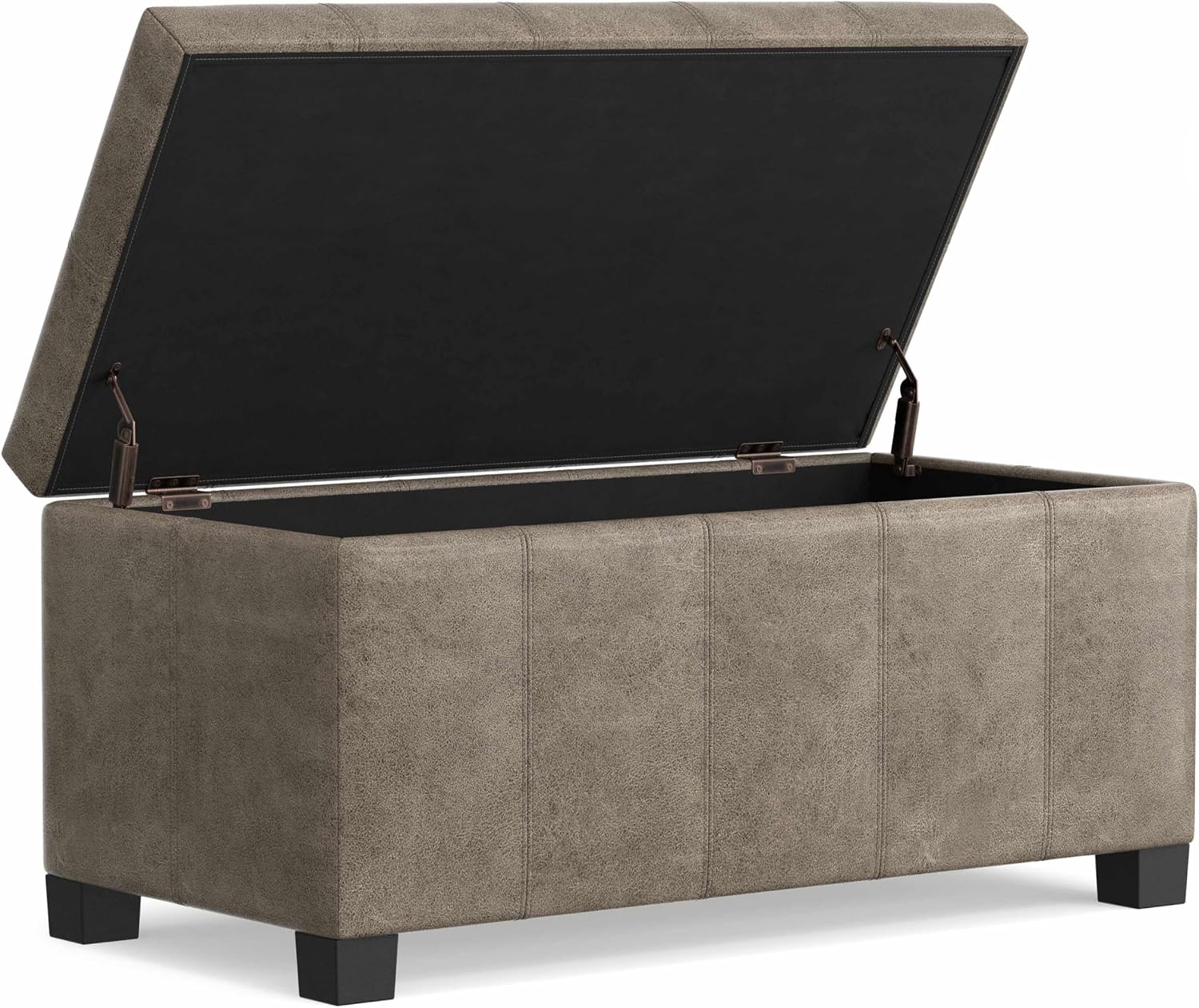 SIMPLIHOME Dover 36" Wide Vegan Leather Storage Ottoman in Midnight Black | Distressed umber brown, contemporary ottoman with lift-top and safety hinges; rectangle storage bench for living room.