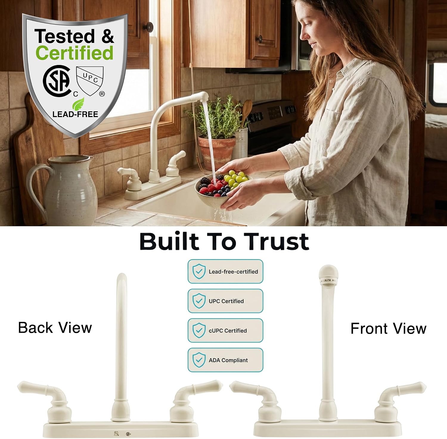Dura Faucet DF-PK210C-SN RV Hi-Rise Kitchen Sink Faucet (Satin Nickel) | Tall spout and classical levers make washing big pots easy. Brushed Satin Nickel.