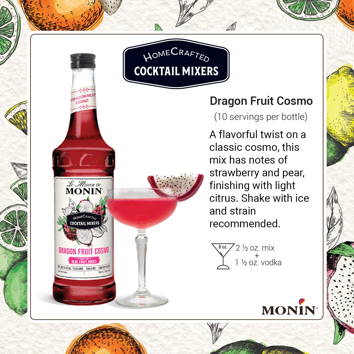 Monin - HomeCrafted Dragon Fruit Cosmo Cocktail Mix, Ready-to-Use Drink Mixer, Strawberry & Pear Blend, Made with Natural Flavors & Real Fruit Juice
