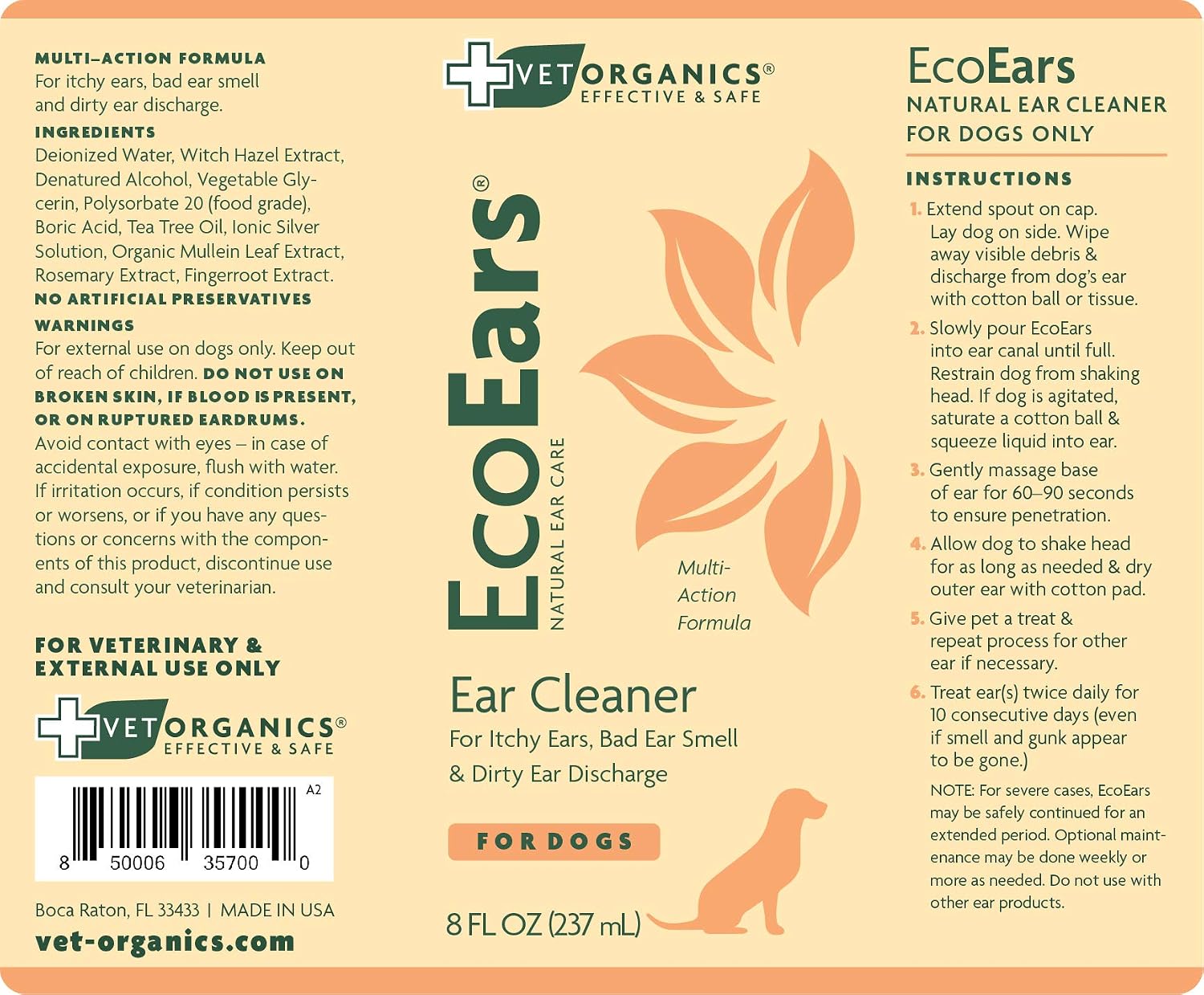 EcoEars Dog Ear Cleaner – Natural Multi-Action Formula for Ear Infection, Bad Discharge & Odor – Removes Foreign Matter & Cleans Difficult Ears - 8fl oz.