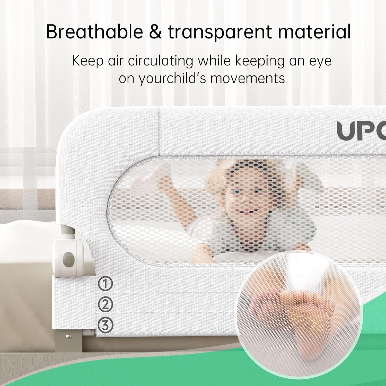 UPGOGO Folding Bed Rail for Toddlers, White, 71" L x 23.6" H | U-shaped base，Reinforced Anchors, Built-in Sponge , Secure lock