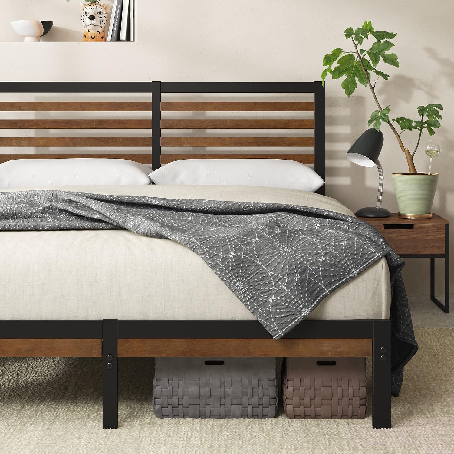 Zinus Kai Platform Bed Frame, RGB LED Lights, No Box Spring Needed, Full | Two-Tier Headboard for Space-Saving Storage, Built-in USB Charging Station, Soft Ambient Night Light