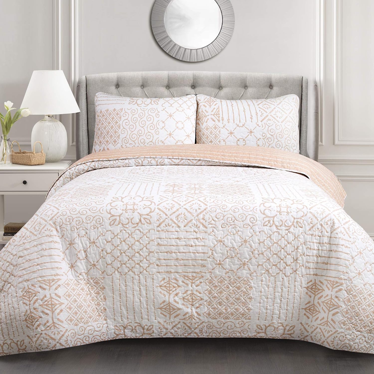 Lush Decor Monique 3 Piece Reversible Print Pattern Blue Quilt Set - Full Queen