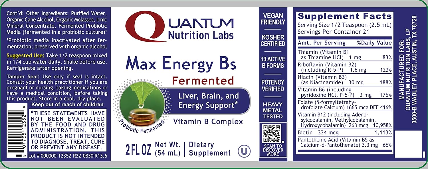 Quantum Nutrition Labs Max Energy B - Vitamin B Complex Liquid Drops, Organic Supplement for Women and Men, Vitamin B1, B2, B3, B5, B6, B12 - 2 Fl Oz