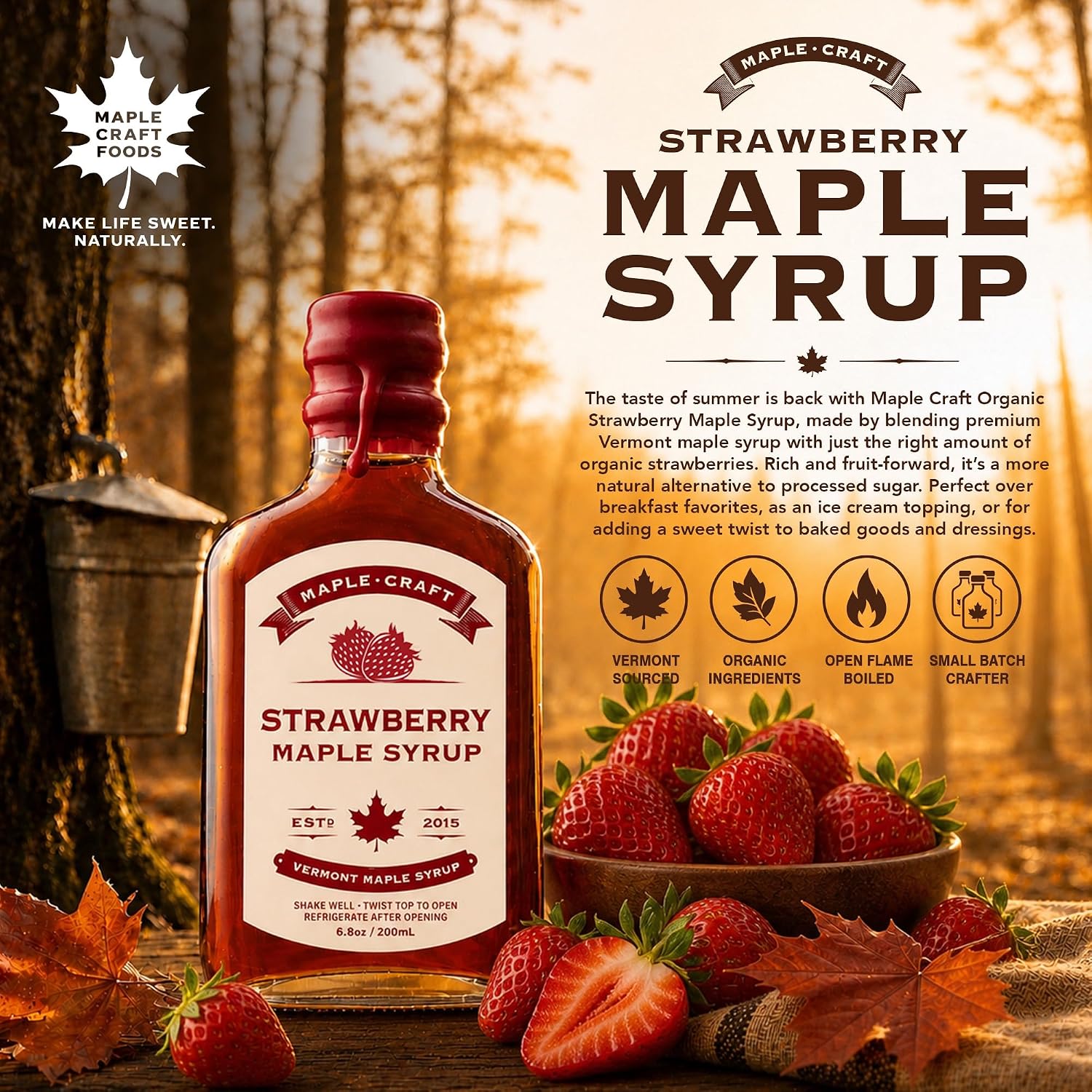 Maple Craft Foods Salted Caramel Maple Syrup – Organic Vermont Maple Syrup with Natural Caramel Flavor & Salt, Gourmet Flavored Syrup for Pancakes, Coffee, Baking and Desserts, 6.8 oz