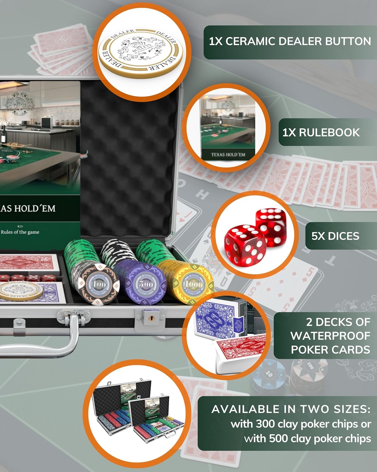 Bullets Playing Cards | Poker Set Corrado | 500 Clay Poker Chips (14 g) with Aluminum Case & Playing Cards – Texas Hold’em