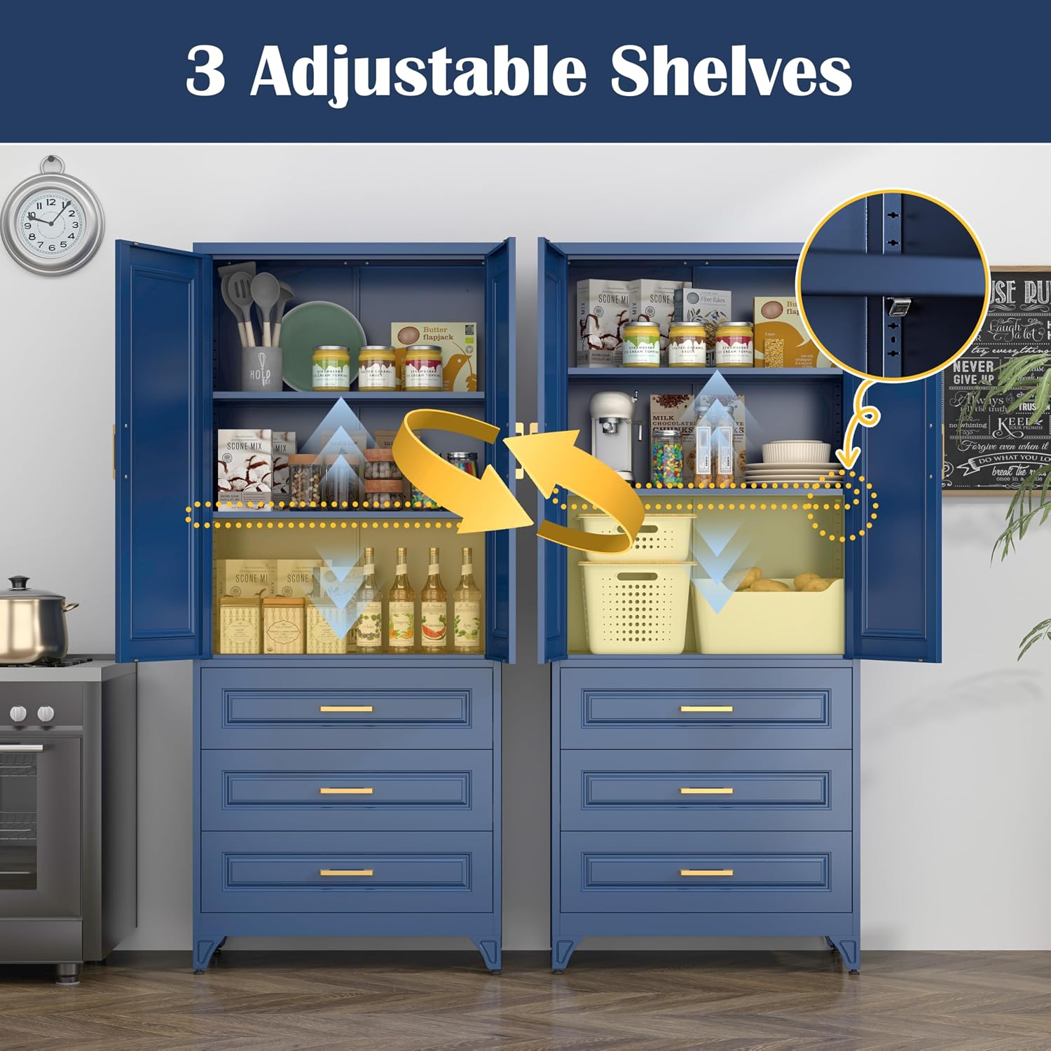 Steeloong 71"Metal Pantry Storage Cabinet with Doors & 4 Adjustable Shelves | Kitchen Pantry Cabinet,White Kitchen Cabinet with 2 Gold Handles,Tall Cabinet for Livingroom,Pantry, Bathroom,Kitchen