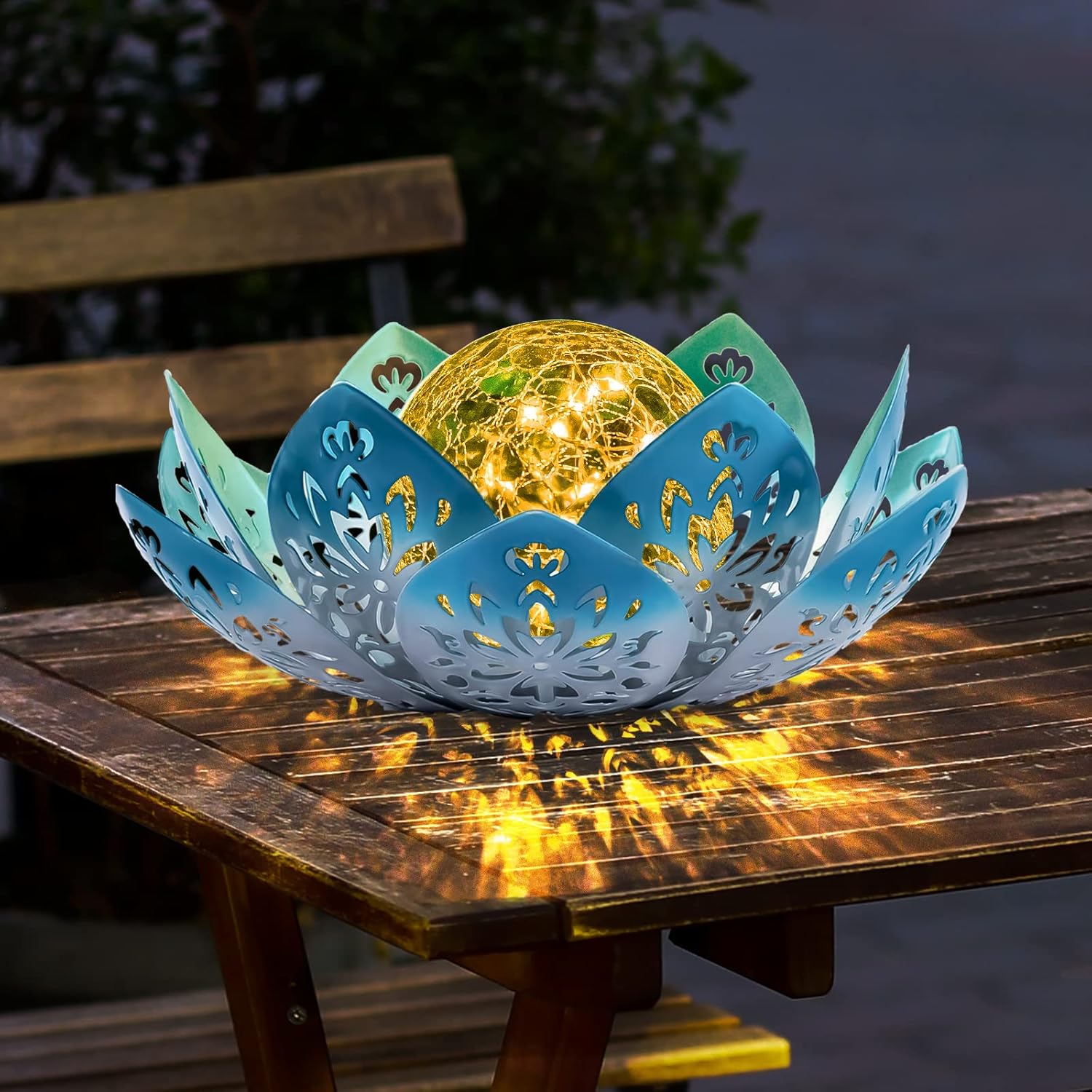 Huaxu Solar Lights Outdoor Garden, Crackle Globe Glass Lotus Decor, Waterproof LED Metal Flower Decorations for Patio,Lawn,Walkway,Tabletop,Ground