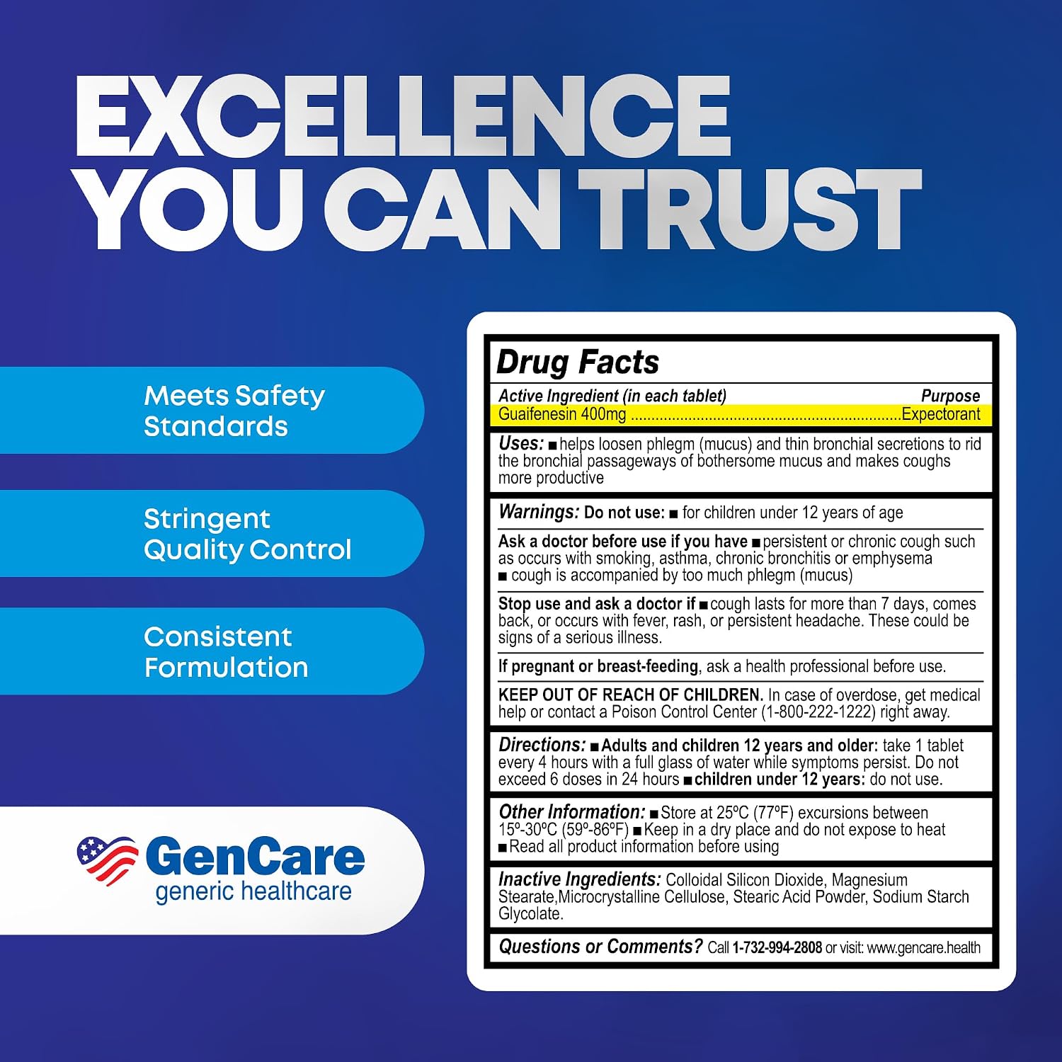 GenCare Mucus Relief Expectorant Guaifenesin 400mg, 200 Tablets | Compares to Mucinex; fast-acting expectorant, chest congestion relief
