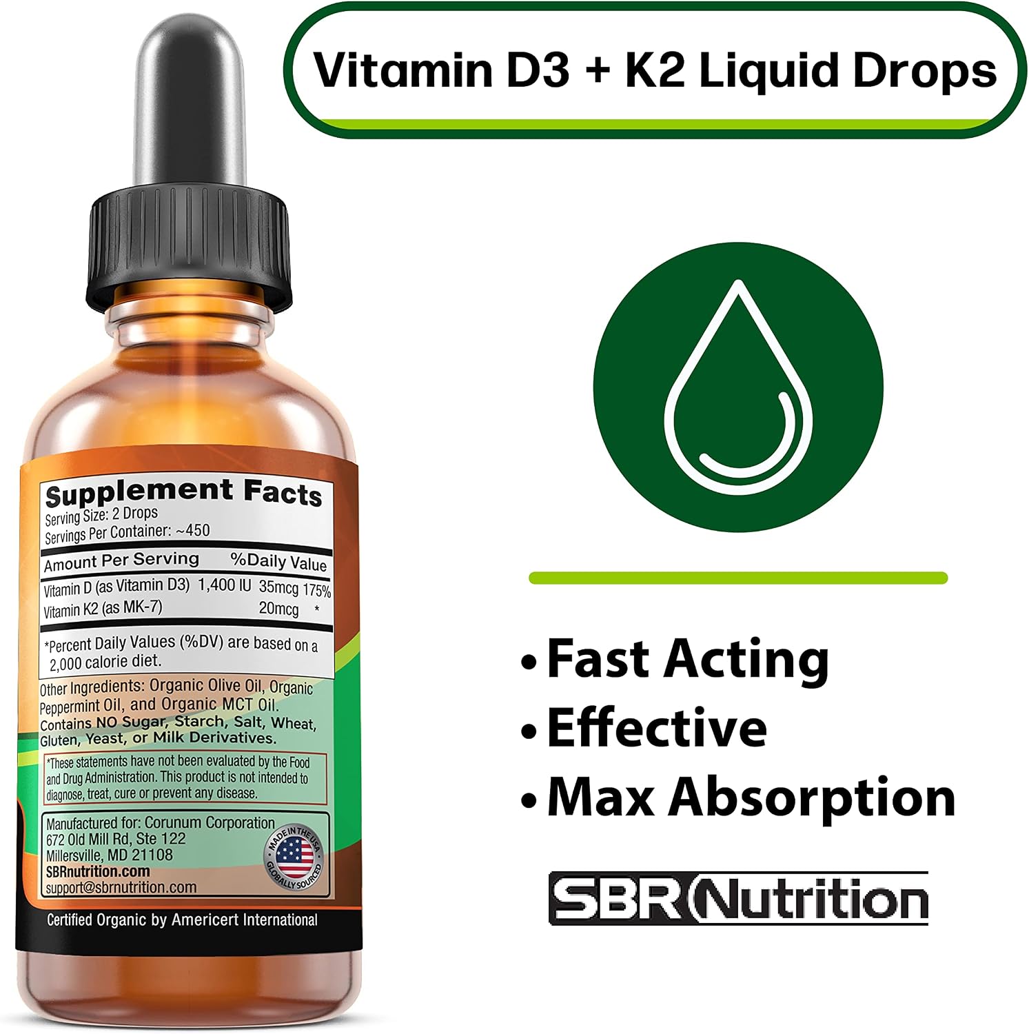 SBR Nutrition MAX Absorption, Vitamin D3 + K2 (MK-7) Liquid Drops with MCT Oil, Peppermint Flavor, Helps Support Strong Bones and Healthy Heart