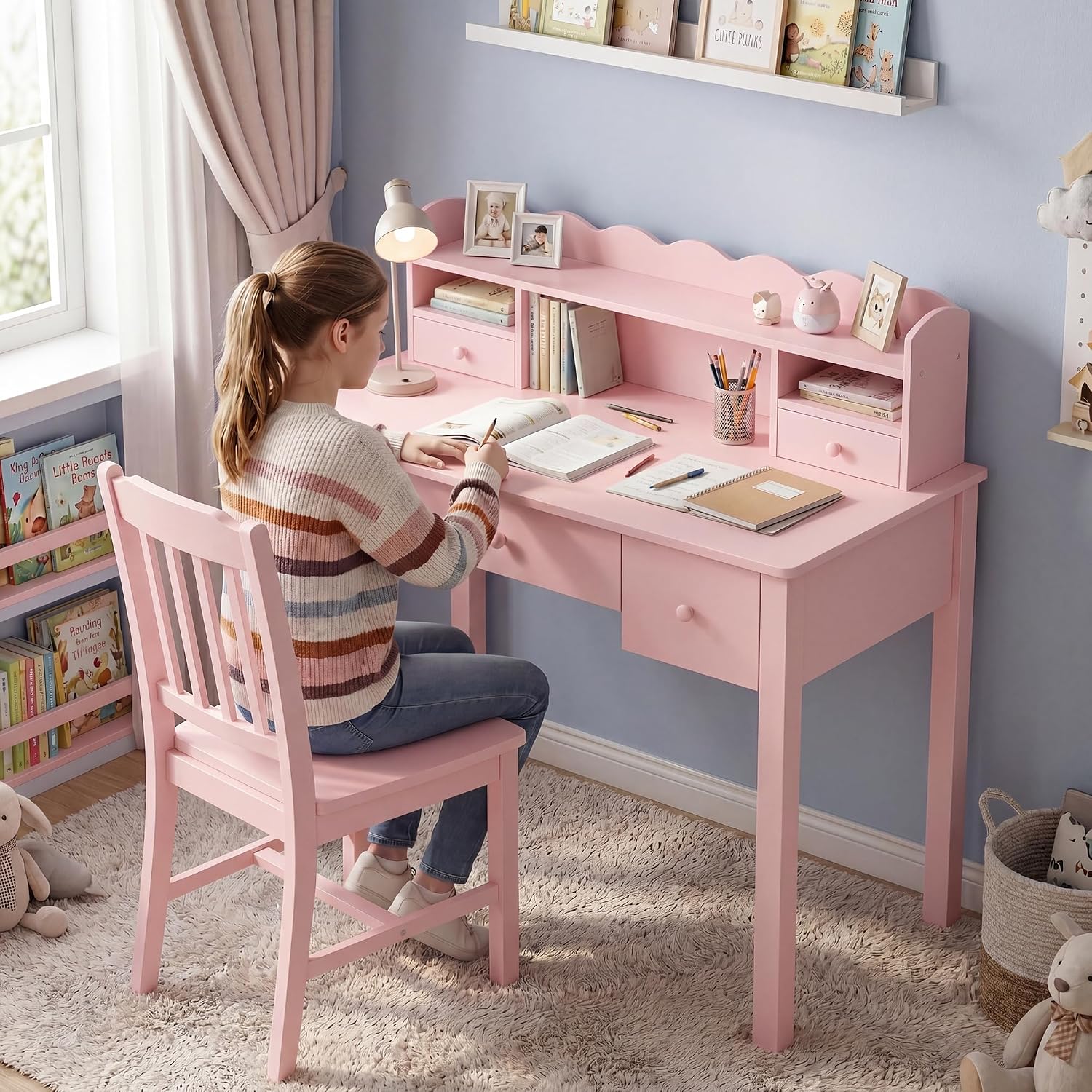 FUNKOCO Writing Desk with Hutch, 40" Small White Desk for Girls, 5 Drawers