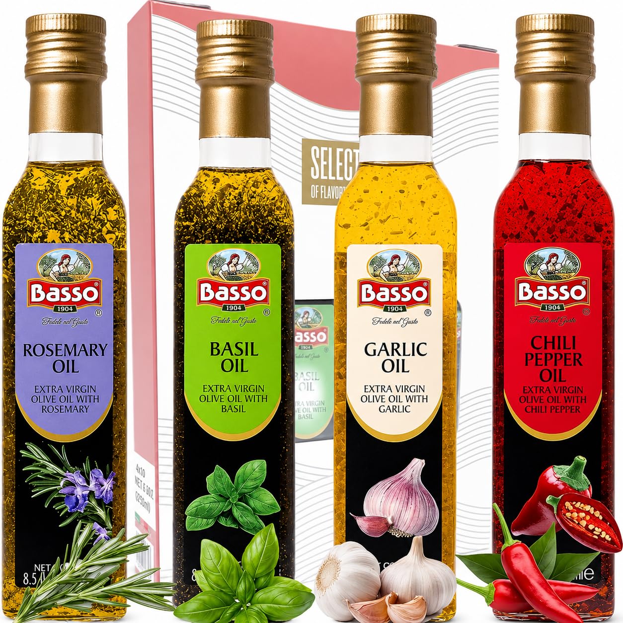 BASSO 1904 Infused Extra Virgin Olive Oil Gift Box Set, 8.5 Fl Oz (250 ml)