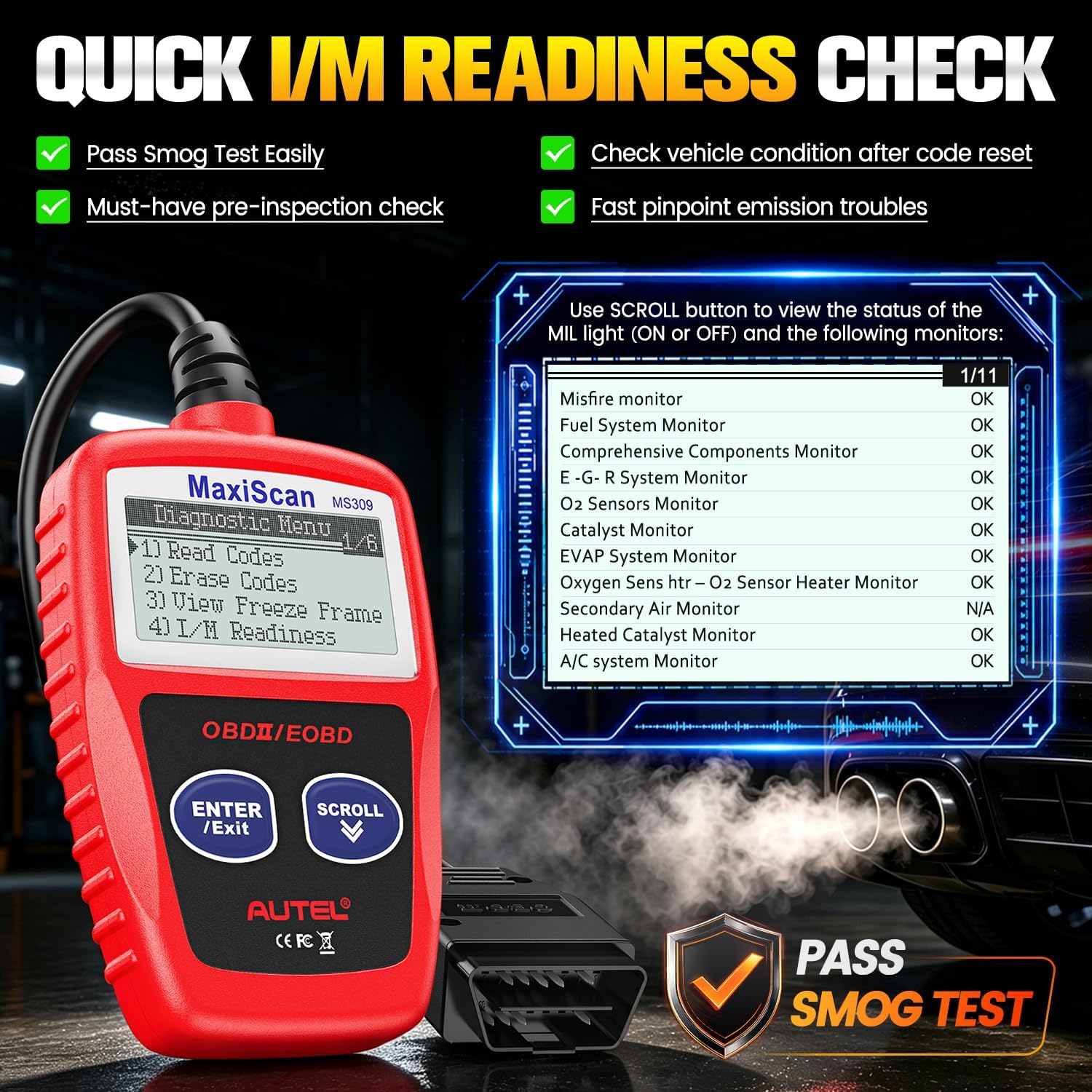 Autel OBD2 Scanner MS309 Universal Car Engine Fault Code Reader, Check Engine Light and Emission Monitor Status, OBDII CAN Diagnostic Scan Tool