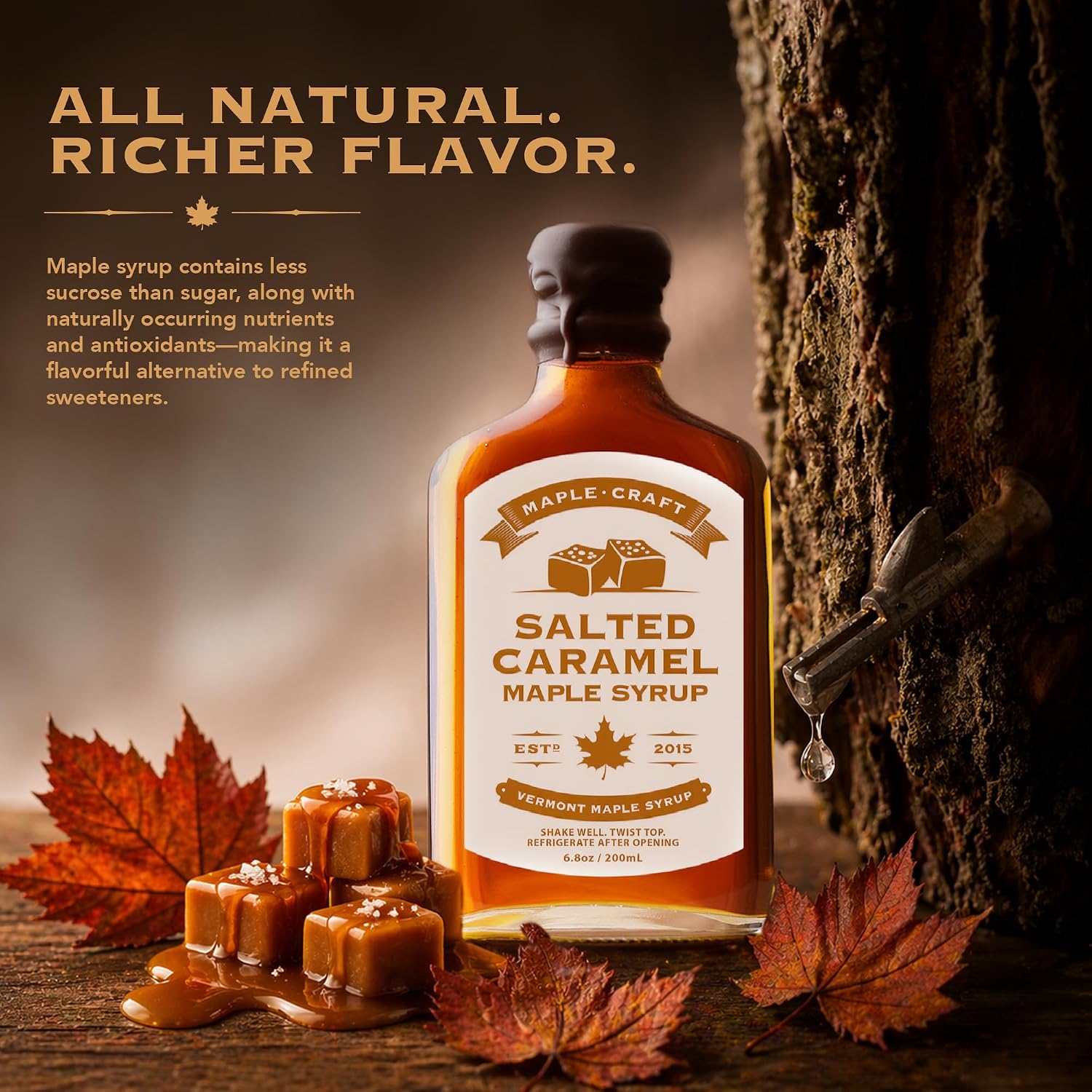Maple Craft Foods Salted Caramel Maple Syrup – Organic Vermont Maple Syrup with Natural Caramel Flavor & Salt, Gourmet Flavored Syrup for Pancakes, Coffee, Baking and Desserts, 6.8 oz