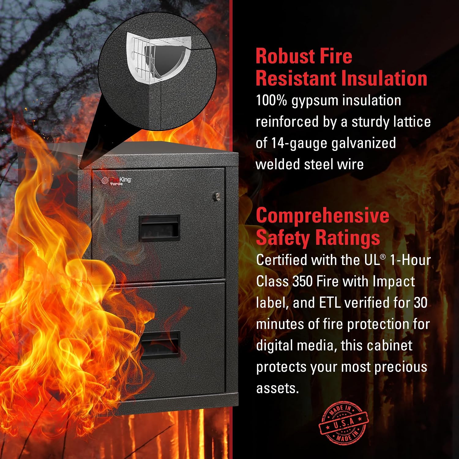 FireKing Turtle Vertical 2 Drawer Fire Rated File Cabinet, Black | 1 Hour Fire Rated Filing Cabinet - UL Class 350 - Water Resistant - Key Lock - Made in USA