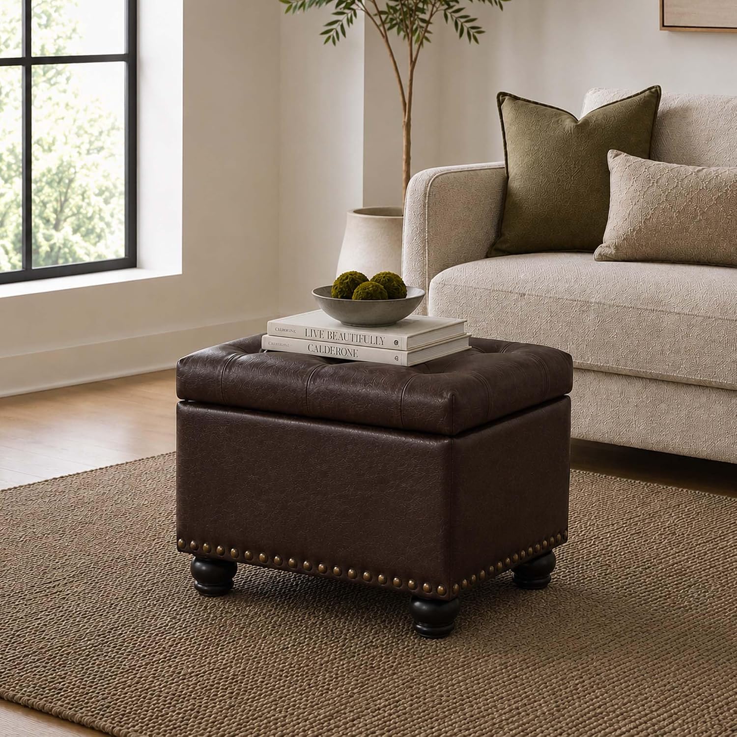 Convenience Concepts Designs4Comfort 5th Avenue Storage Ottoman 24" - Contemporary Foot Stool and Seat with Hinged Lid for Living Room, Dining Room, Office, Den, Espresso Faux Leather