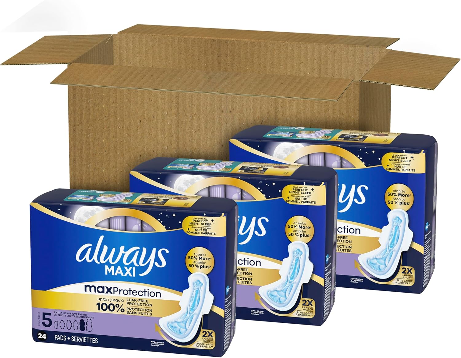 Always Maxi Overnight Pads with Wings for Women, Size 5, Extra Heavy Overnight Absorbency, Unscented, 36 Count