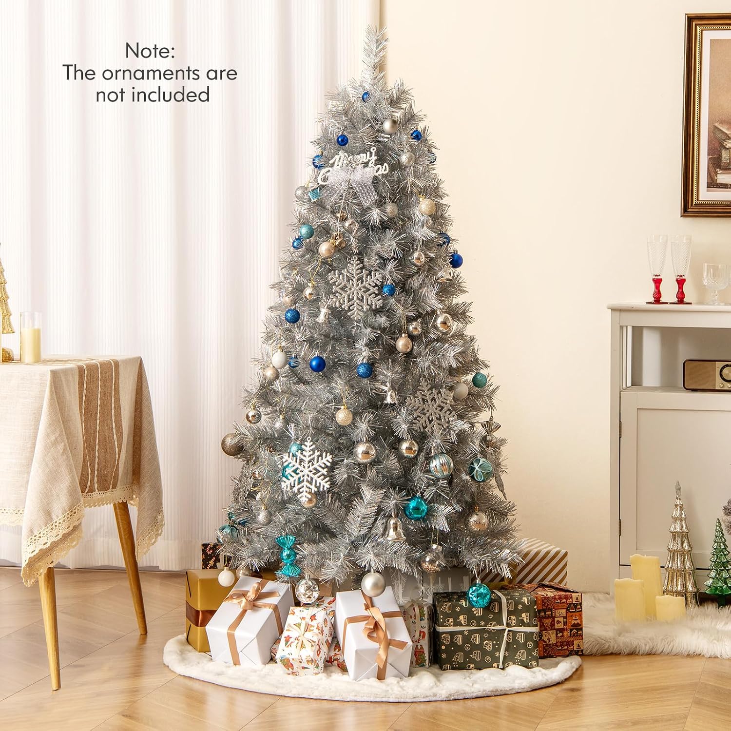 Goplus 7.5ft Pre-Lit Artificial Christmas Tree, Premium PVC Snow Flocked Hinged Pine Tree with Metal Stand and LED Lights