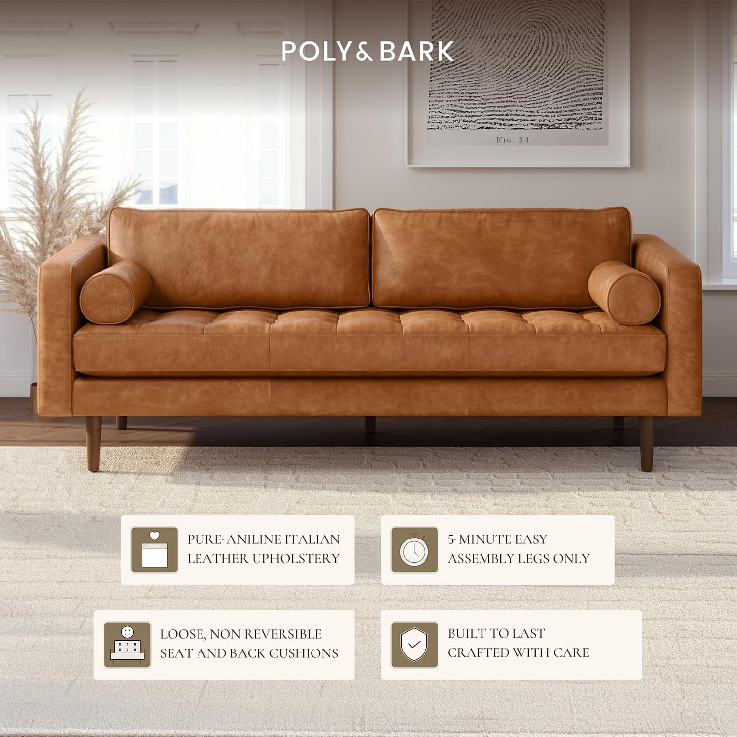 Poly & BARK 55" Tufted Leather Bed Bench for Bedroom End of Bed - Living Room Entry Way Bench - Pure Italian Leather Upholstery with a Solid Wood Frame - Ottoman Bench with Wooden Legs - Cognac Tan