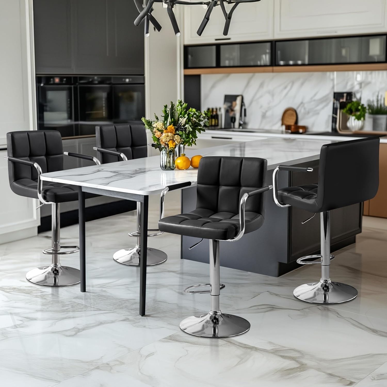 Yaheetech Bar Stools Set of 2, Swivel with Backs, Adjustable Height, White | 360° Swivel Barstools Feature Padded PU Leather Seats, Supportive Backs, 300 lb Capacity for Kitchen Islands