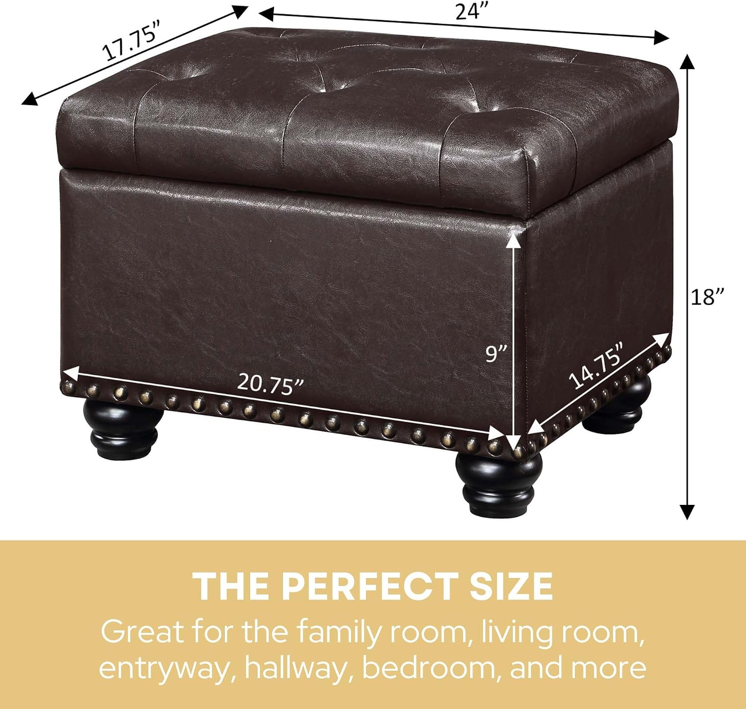 Convenience Concepts Designs4Comfort 5th Avenue Storage Ottoman 24" - Contemporary Foot Stool and Seat with Hinged Lid for Living Room, Dining Room, Office, Den, Espresso Faux Leather