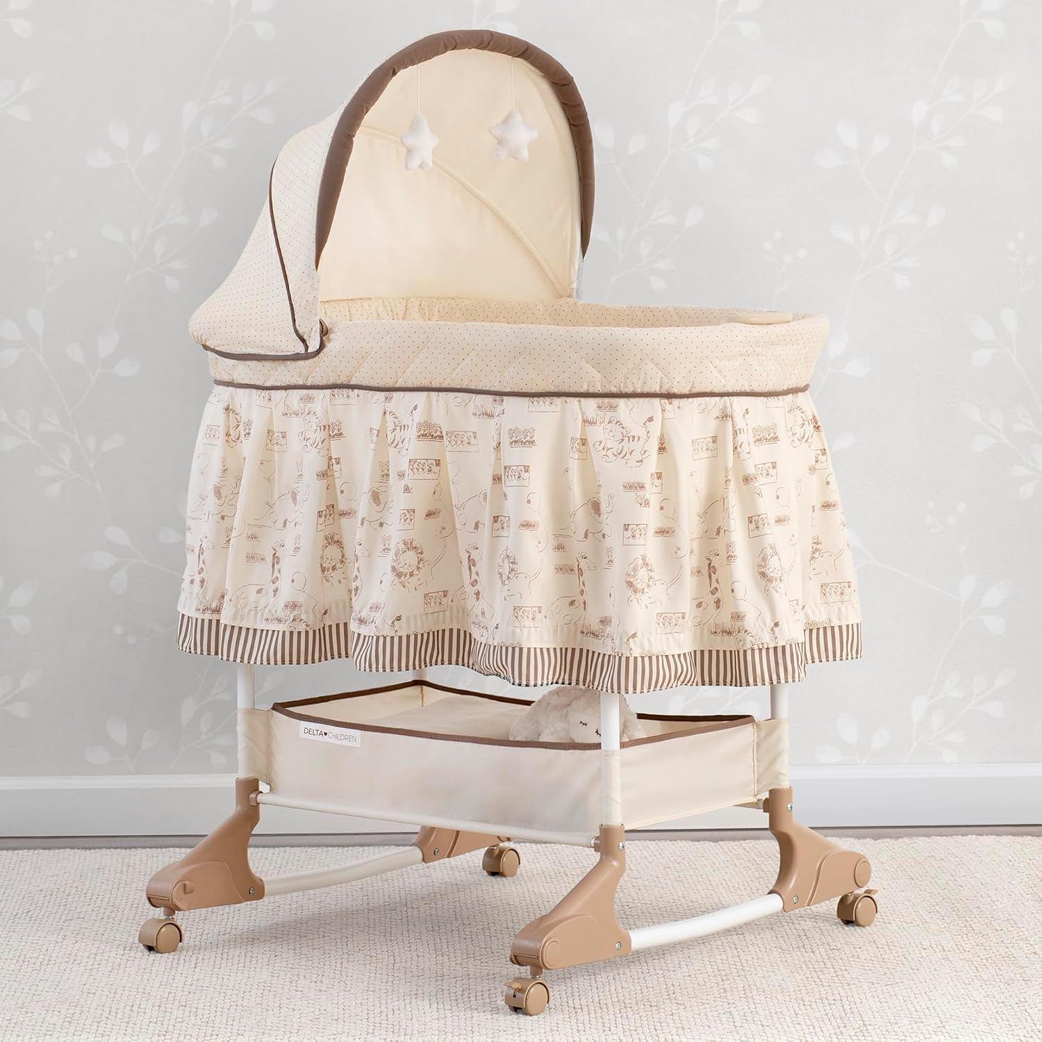 Delta Children Portable Rocking Bassinet for Newborns Bedside Sleeper Crib with Gentle Vibrations, Nightlight, Soothing Music, Adjustable Canopy