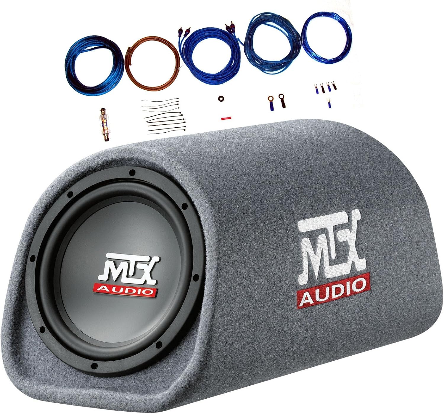 MTX RT8PT 8" 240 Watt Amplified Loaded Subwoofer Tube Audio Set w 8 Ga. Amp Wiring Kit