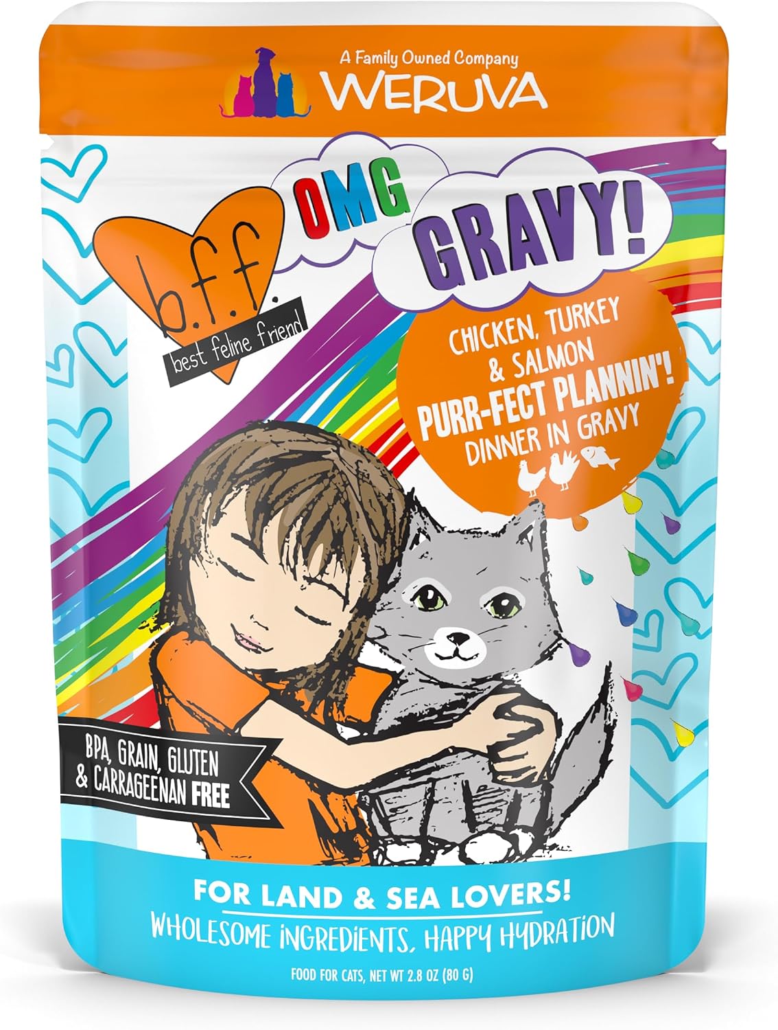 Weruva B.F.F. OMG - Best Feline Friend Oh My Gravy!, Tuna & Salmon Sweet Cheeks with Tuna & Salmon in Gravy Cat Food, 3oz Pouch (Pack of 12)
