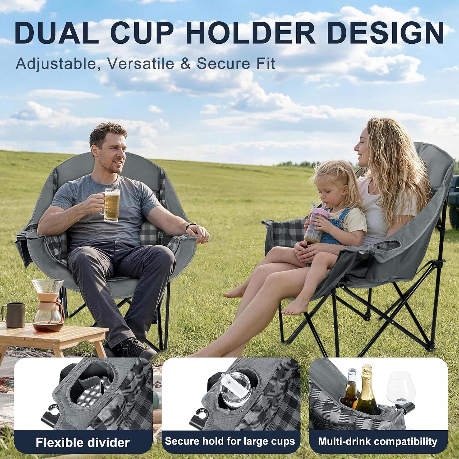 Oversized Camping Chairs for Adult - Heavy Duty Padded Portable Folding Chair XL Collapsible Camp Chair with Cup Holder Side Pocket for Outdoor Lawn Beach Sport Fishing Support 500LBS, Grey