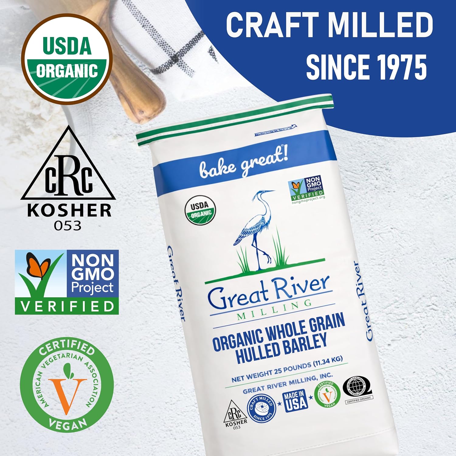 Great River Milling Organic Hulled Barley, Whole Grain, 25 lb | Organic Hulled Barley for soups, stews, pilaf, porridge, salads, grain bowls and home milling; chewy whole-grain texture and