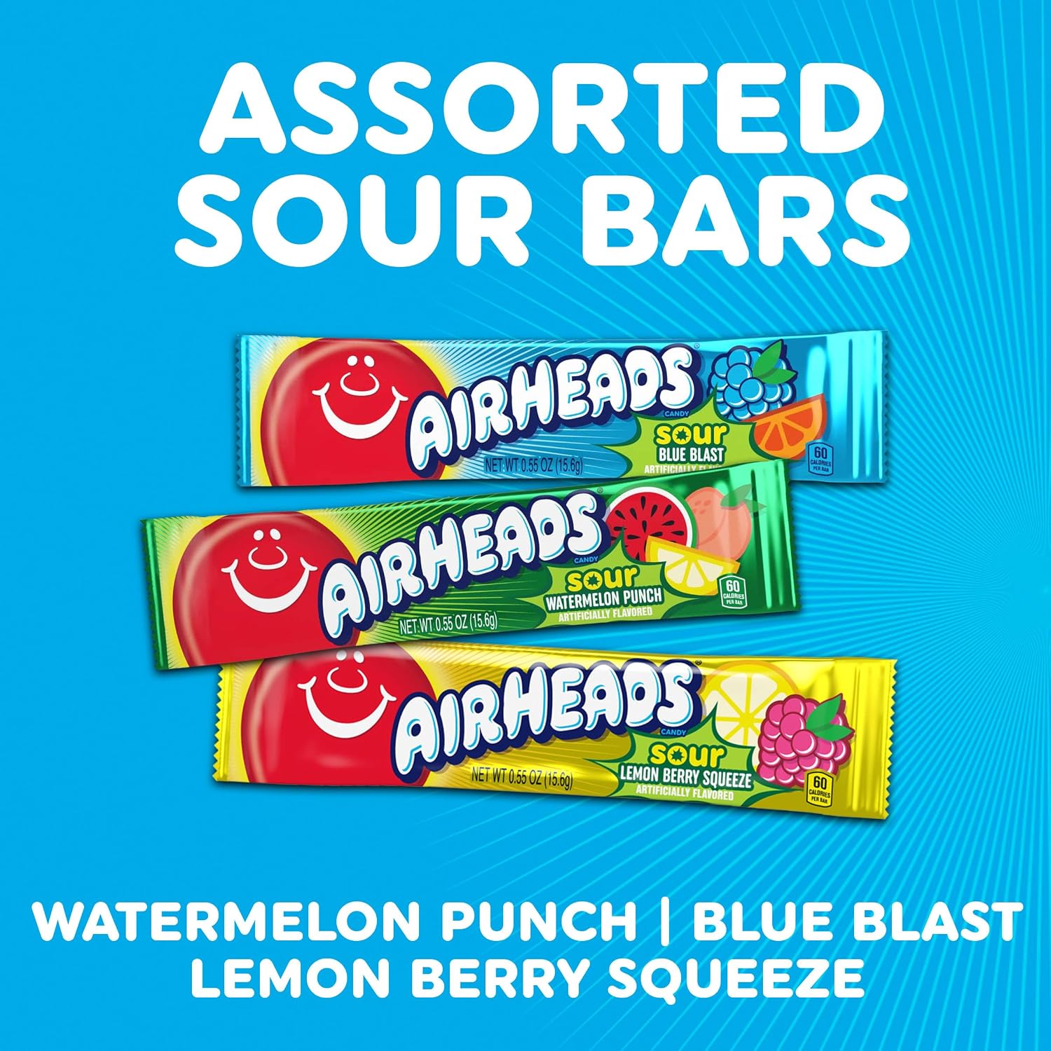 Airheads Full-Size Candy Bars, Assorted Taffy Variety Pack, 60 Count Box | Individually Wrapped Bulk Candy, Six Assorted Fruit Flavors, Artificially Flavored