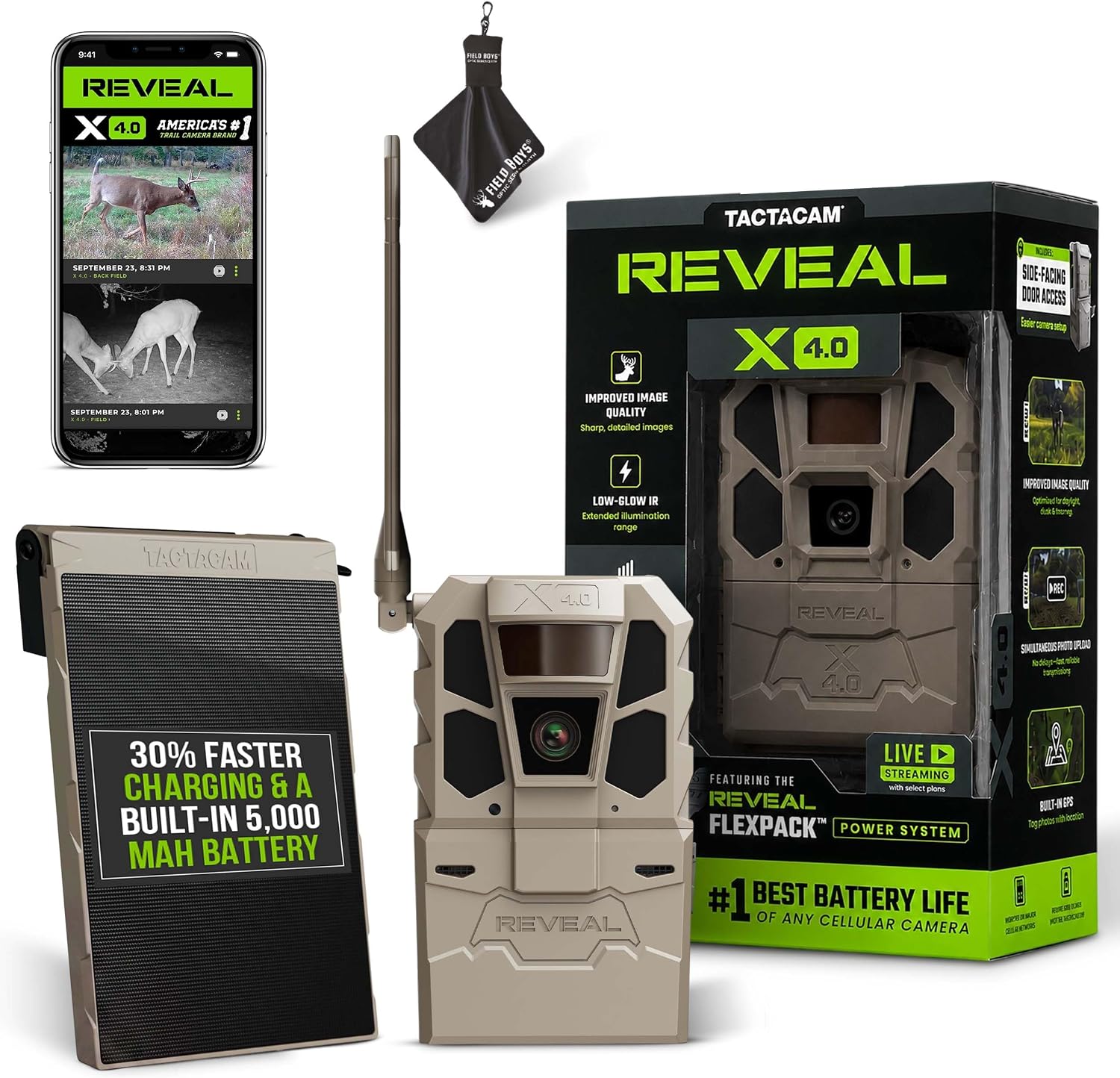 TACTACAM Reveal X 4.0 Cellular Trail Camera + Reveal Solar Panel R5 | Night Vision, Waterproof, 4K Photo, 1080p Video, Built-In GPS