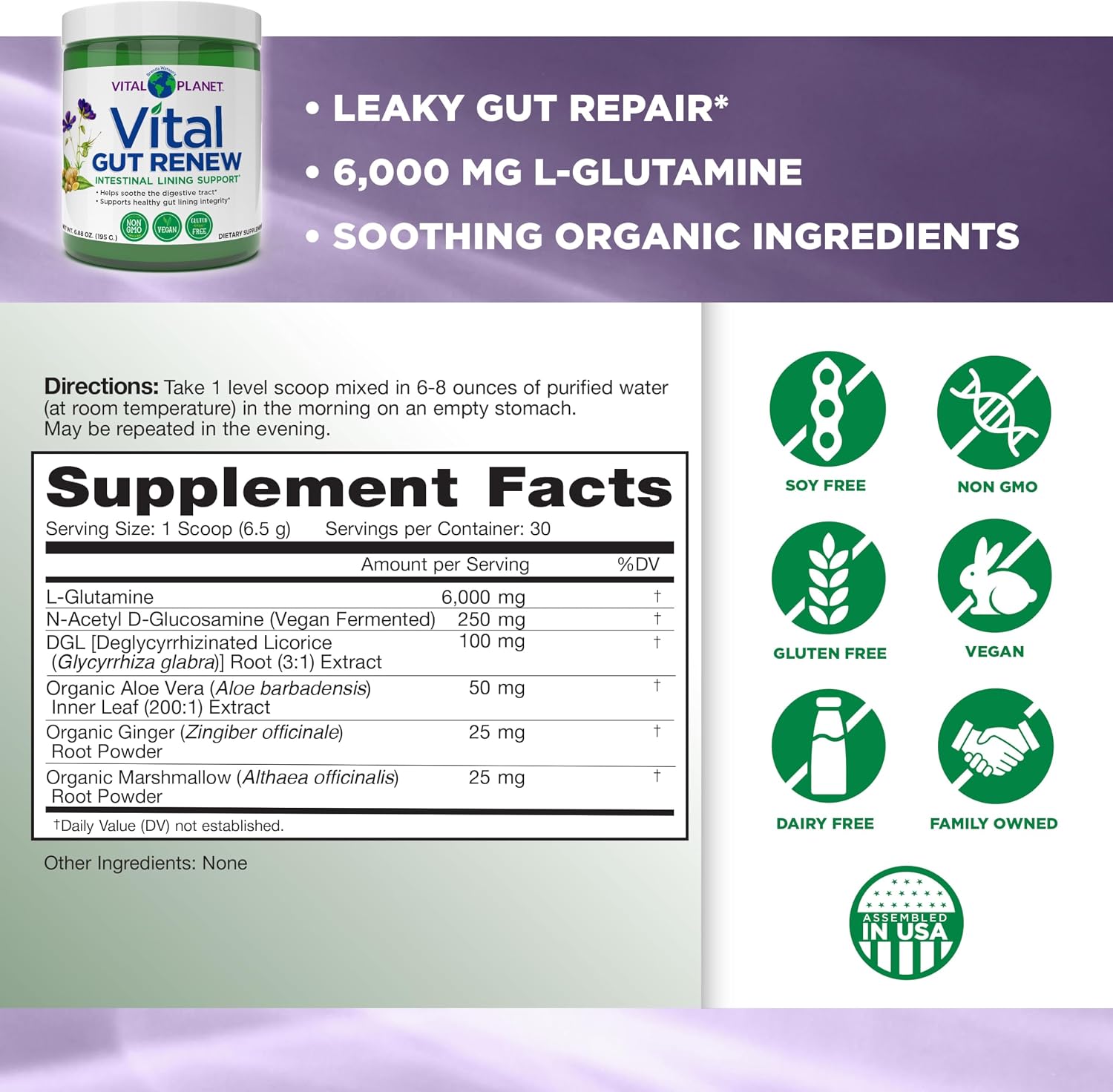 Vital Planet - Vital Gut Renew Powder Supplement for Leaky Gut Repair with L-Glutamine, Marshmallow and Ginger Root