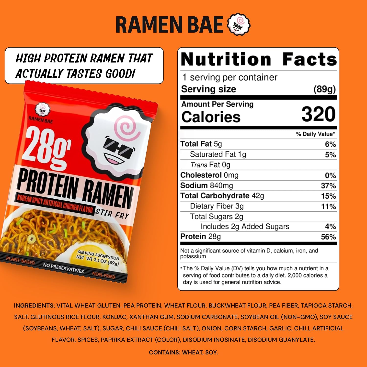 Ramen Bae Original Stir Fry Protein Noodles - 28g Protein, Garlic Soy | Air Dried Not Fried, Plant Based, Vegan Protein Noodles - Lower Carb & Fat - Savory & Bold with Hint of Spice (Pack of 6)