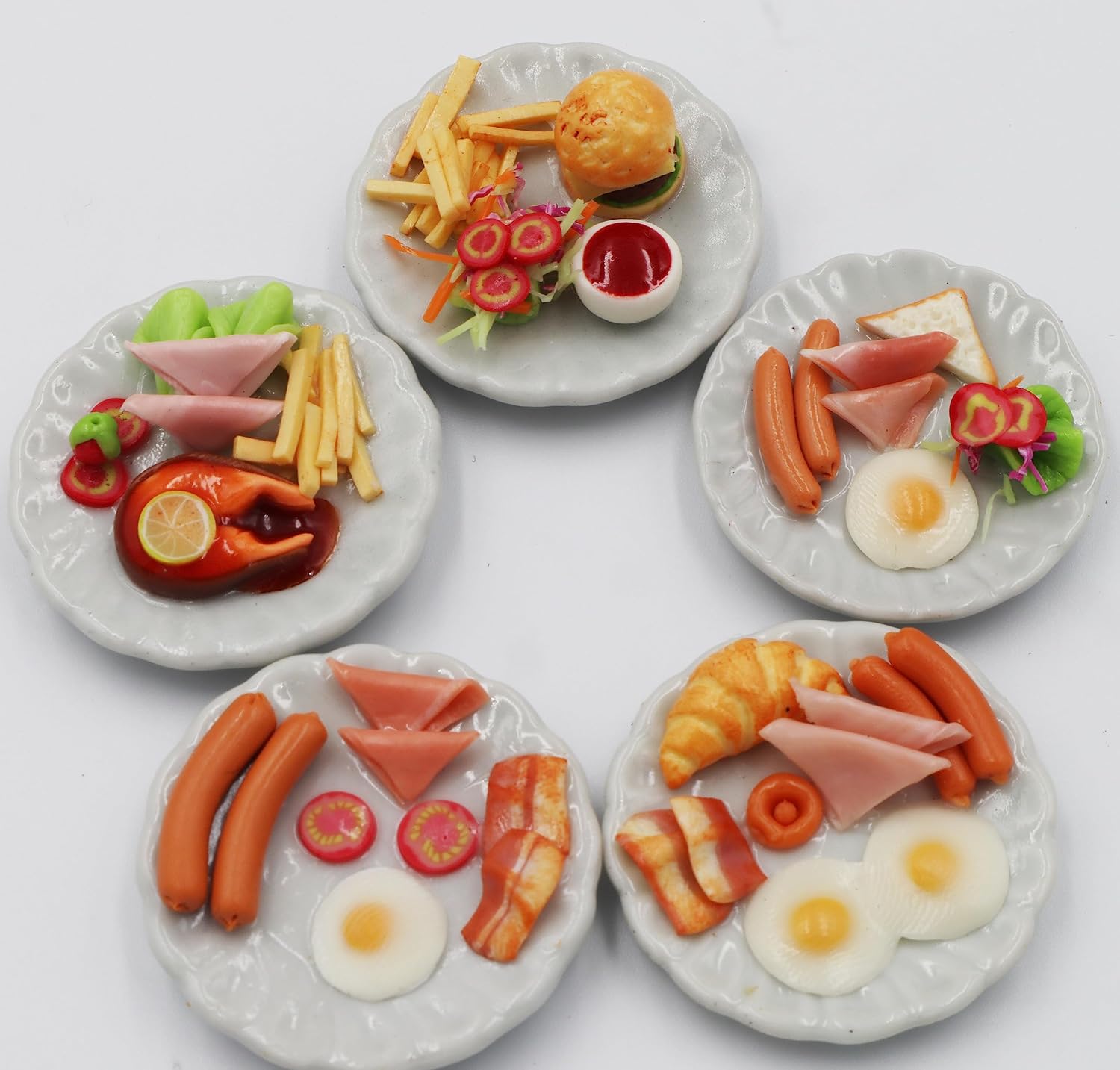 Mixed 5 Assorted Breakfast Dollhouse Miniature Food Set (1/6 Scale) – Sausage, Salmon Steak, Bacon, Burger & Fried Egg on Ceramic Plates