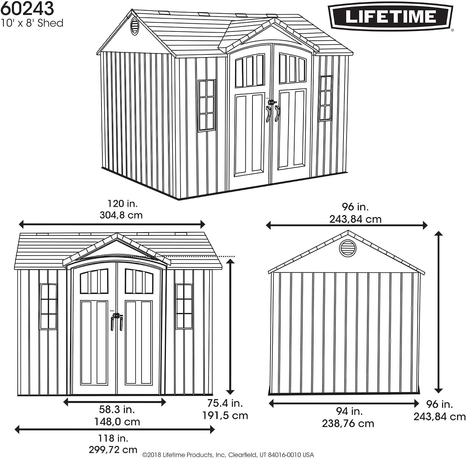 Lifetime 10×8 Ft. Outdoor Storage Shed, Dual‑Wall HDPE with Steel‑Reinforced Structure, Side‑Entry Doors with Windows, Skylight, Screened Vents