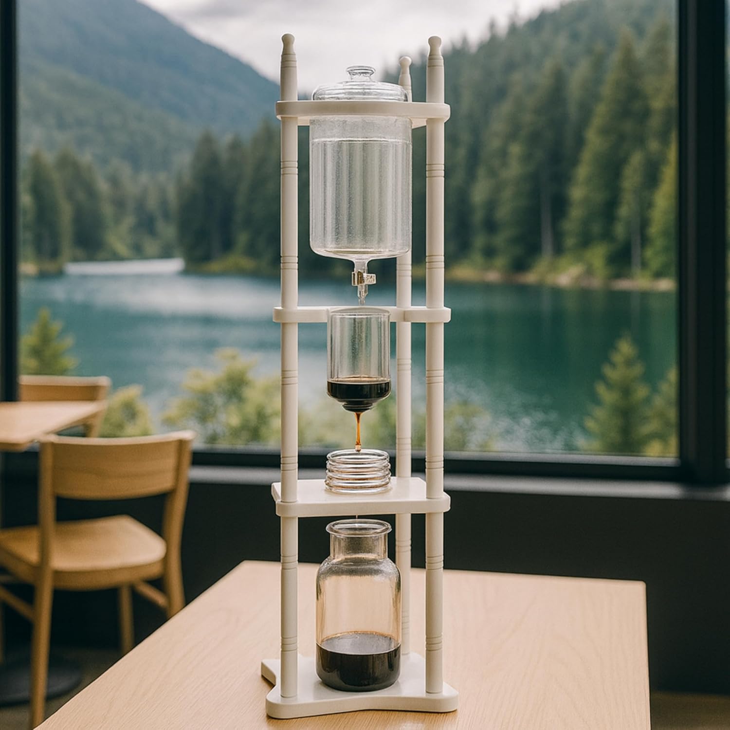 Nispira Iced Coffee Cold Brew Drip Tower Coffee Maker, 6–8 Cup Manual Cold Brew Brewer with Adjustable Valve, Wooden Frame & Glassware, Slow Cold Extraction System