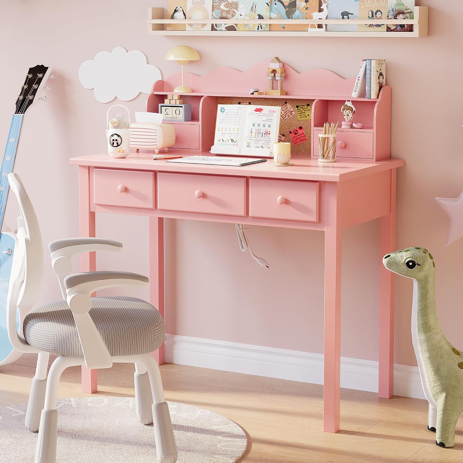 FUNKOCO Writing Desk with Hutch, 40" Small White Desk for Girls, 5 Drawers