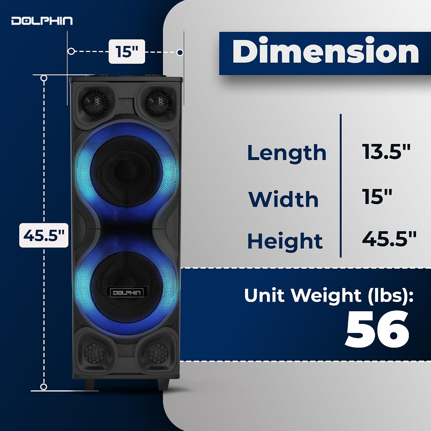 Dolphin Bluetooth Party Speaker with 2 Wireless Mics, Dual 12" Woofers | 120W Output, X-BASS, MDF Wood Cabinet, LED Infinity Lights, USB/TF/FM/AUX