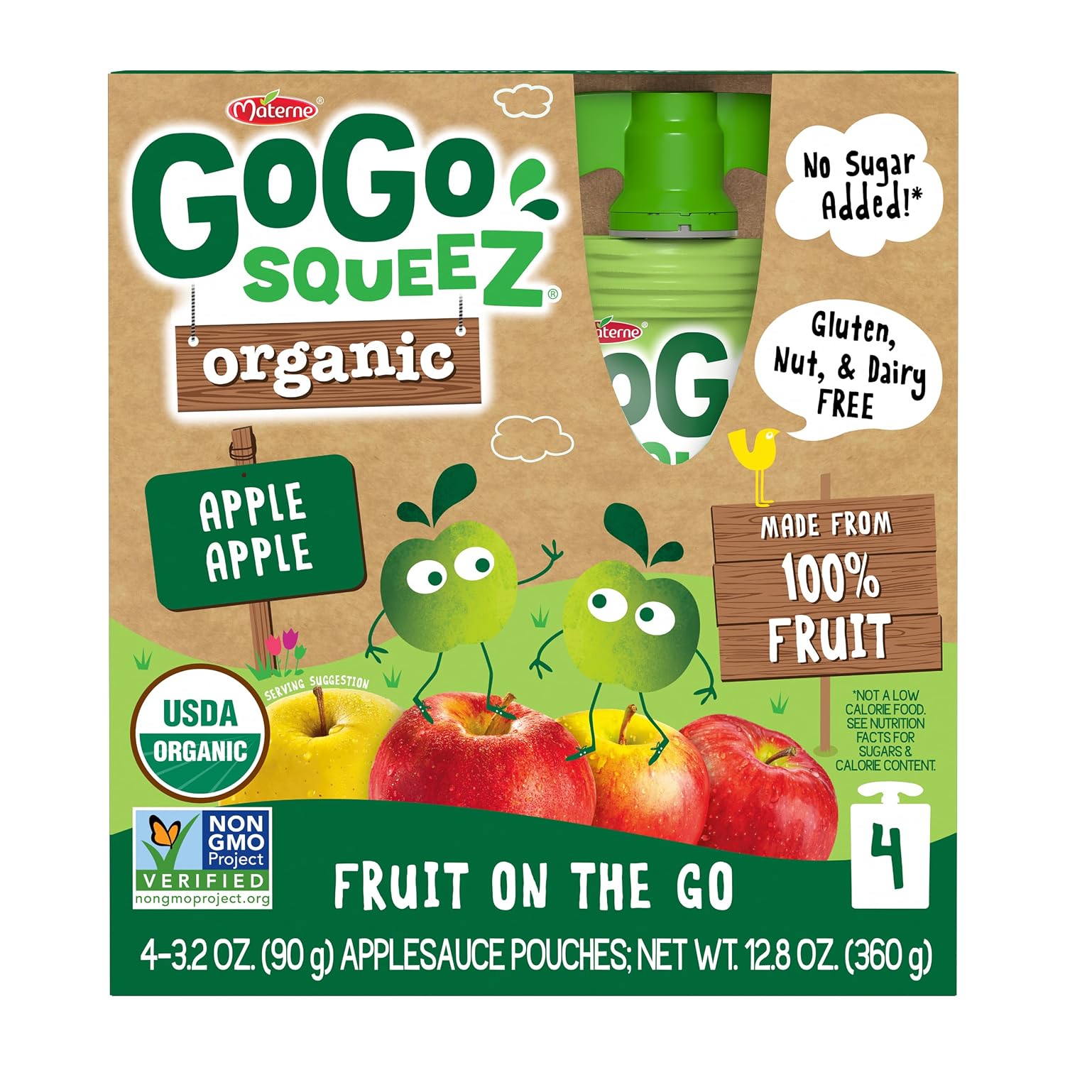GoGo squeeZ No Sugar Added Organic Applesauce, Apple Apple, 48 Count | Kids on the go fruit snack made with applesauce & fruit puree; 3.2 oz pouches, gluten and nut free, recloseable cap, BPA-free