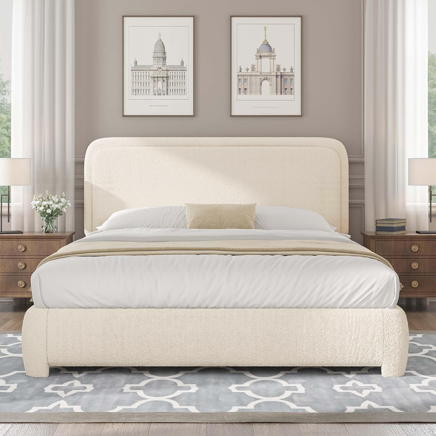 BarnFurin Full Bed Frame, Cloud Boucle Headboard, Rounded Corners, White | Soft boucle and rounded edges create a low-profile cloud look. Wooden slats support the mattress without a box spring